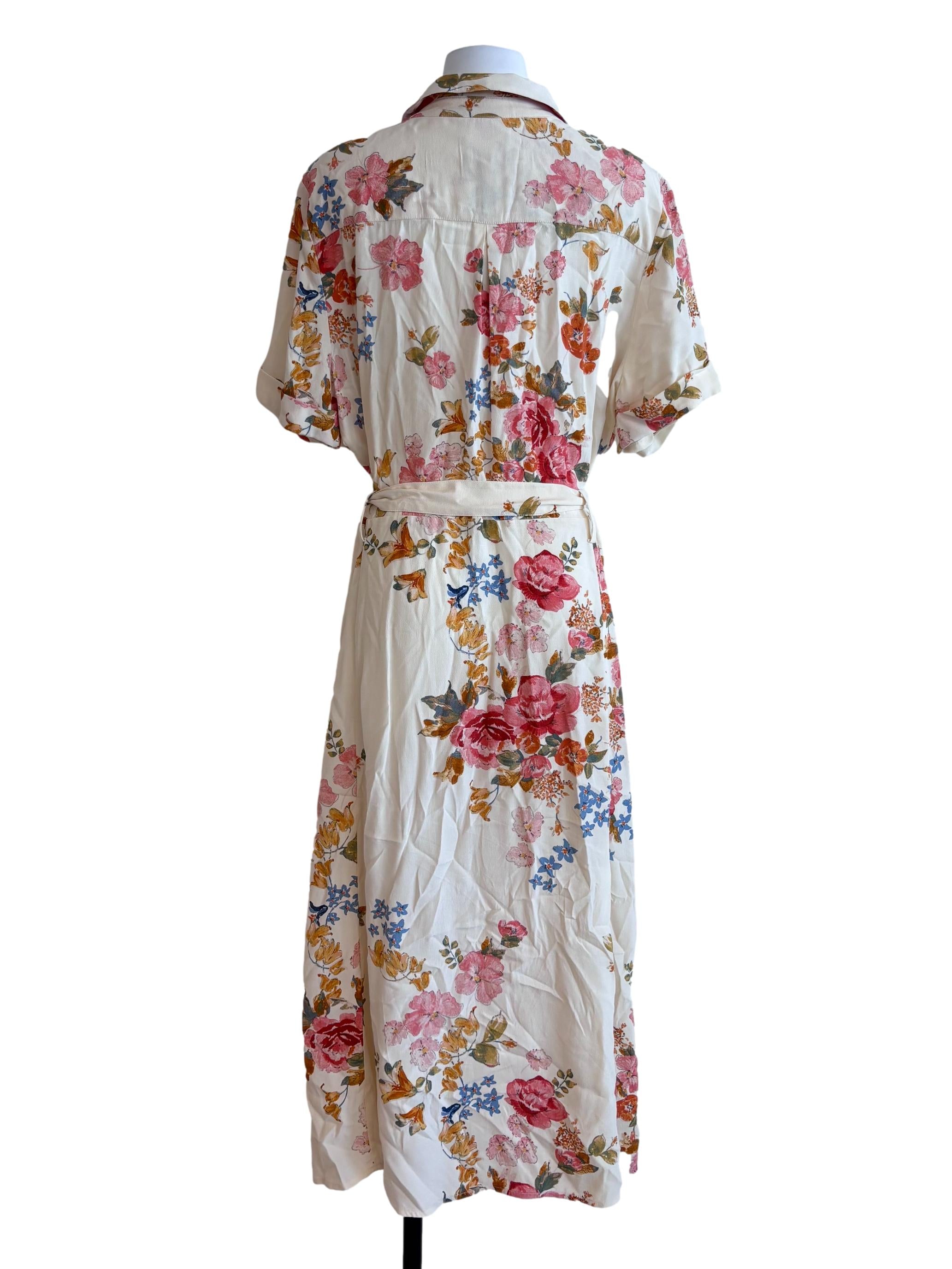 Cream And Pink Floral Collared Dress
