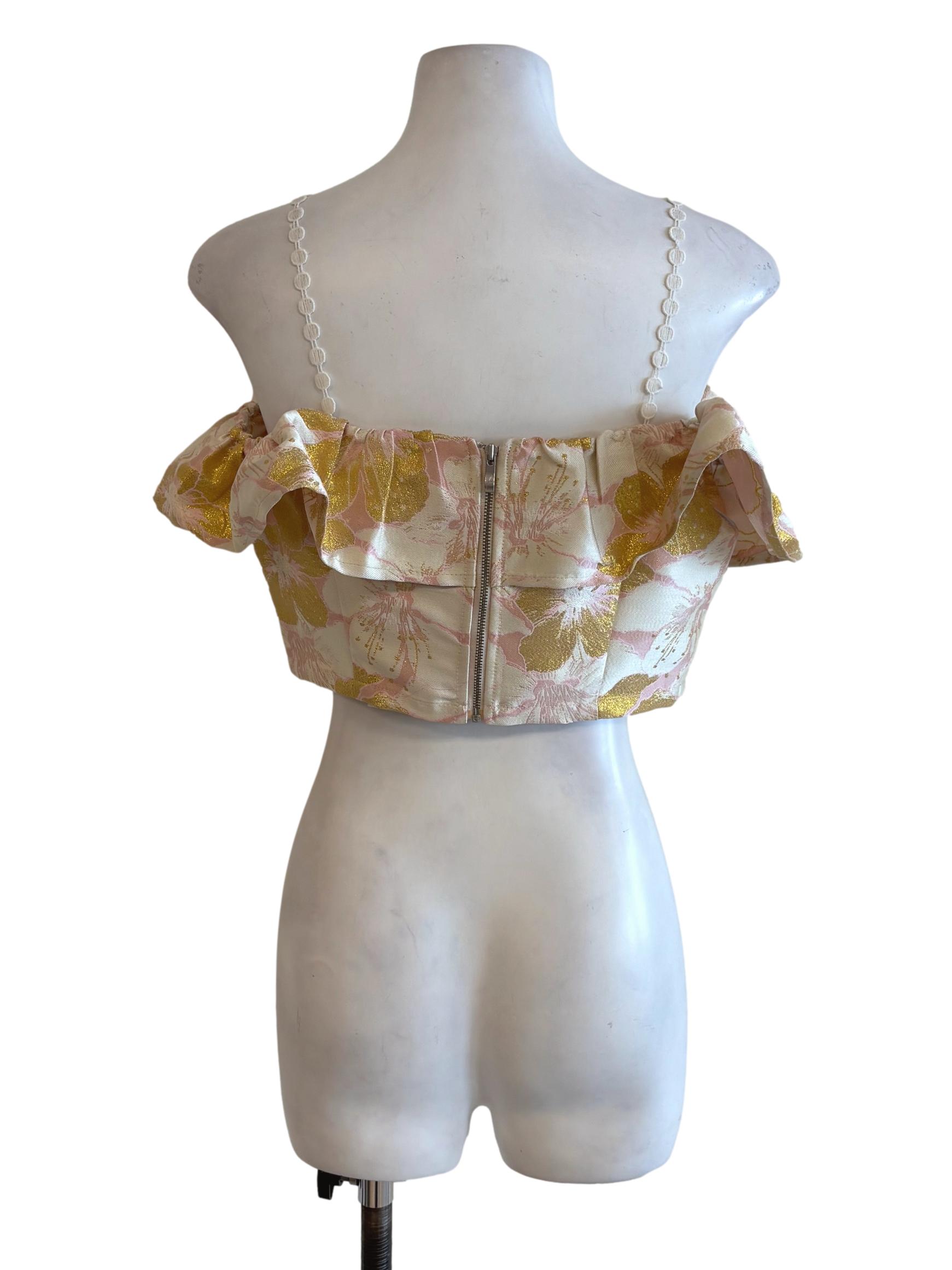 Beige Gold Floral Brocade Ruffle Crop Top