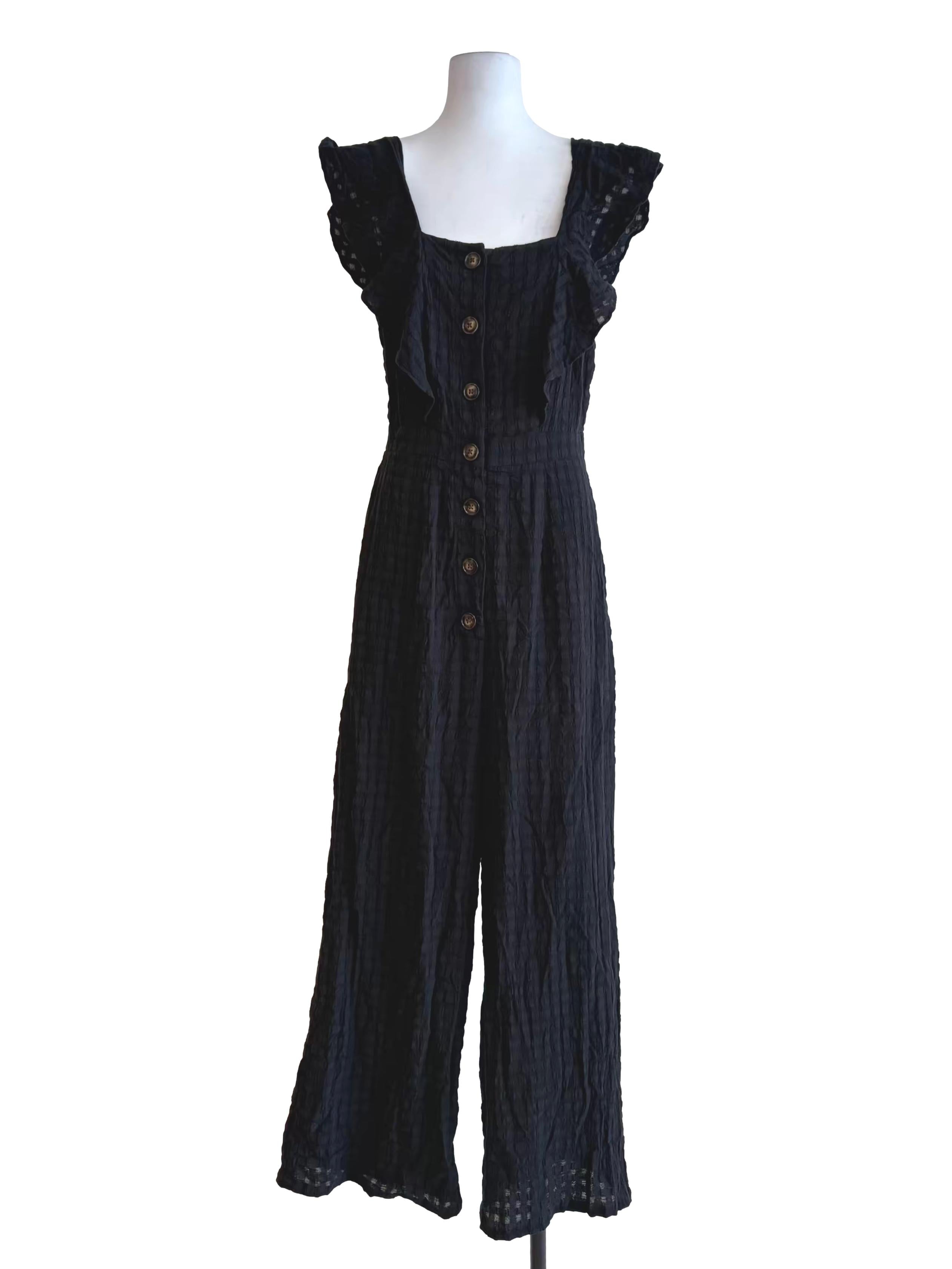 Midnight Black Textured Ruffle Front Button Down Jumpsuit