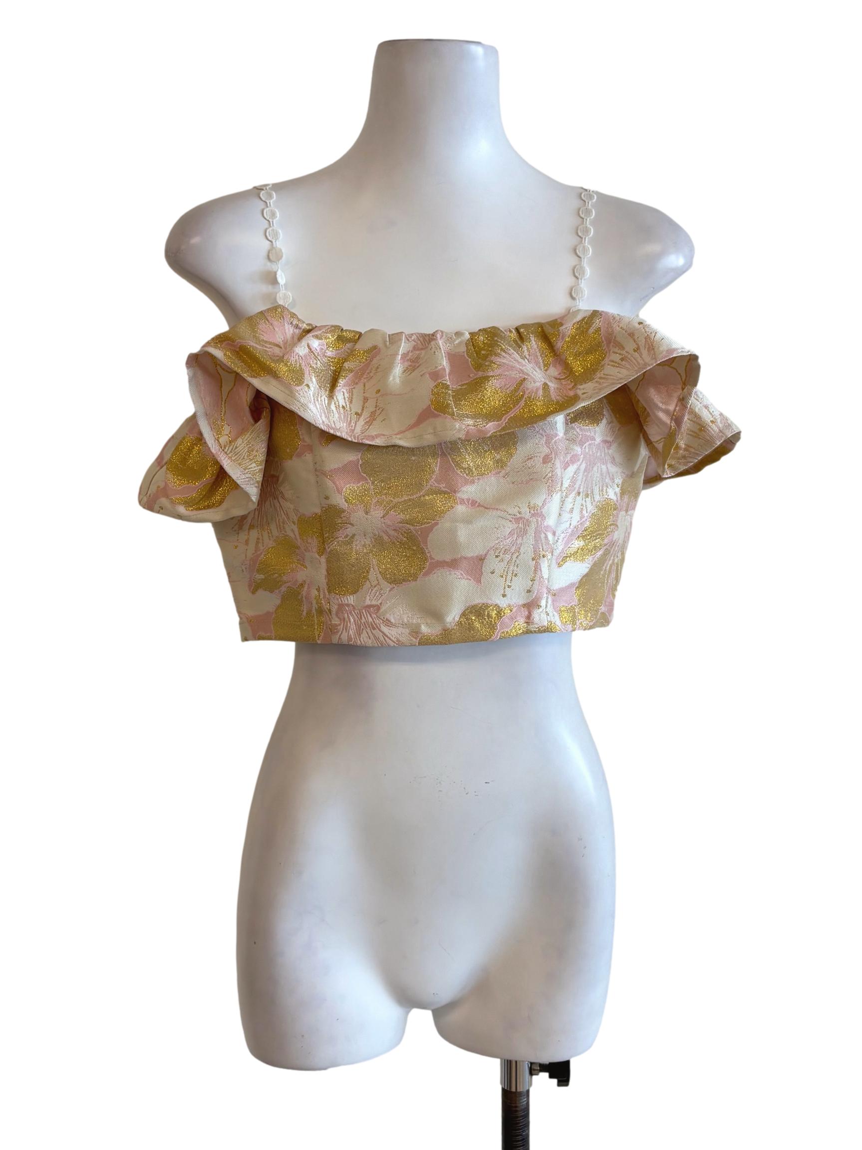 Beige Gold Floral Brocade Ruffle Crop Top