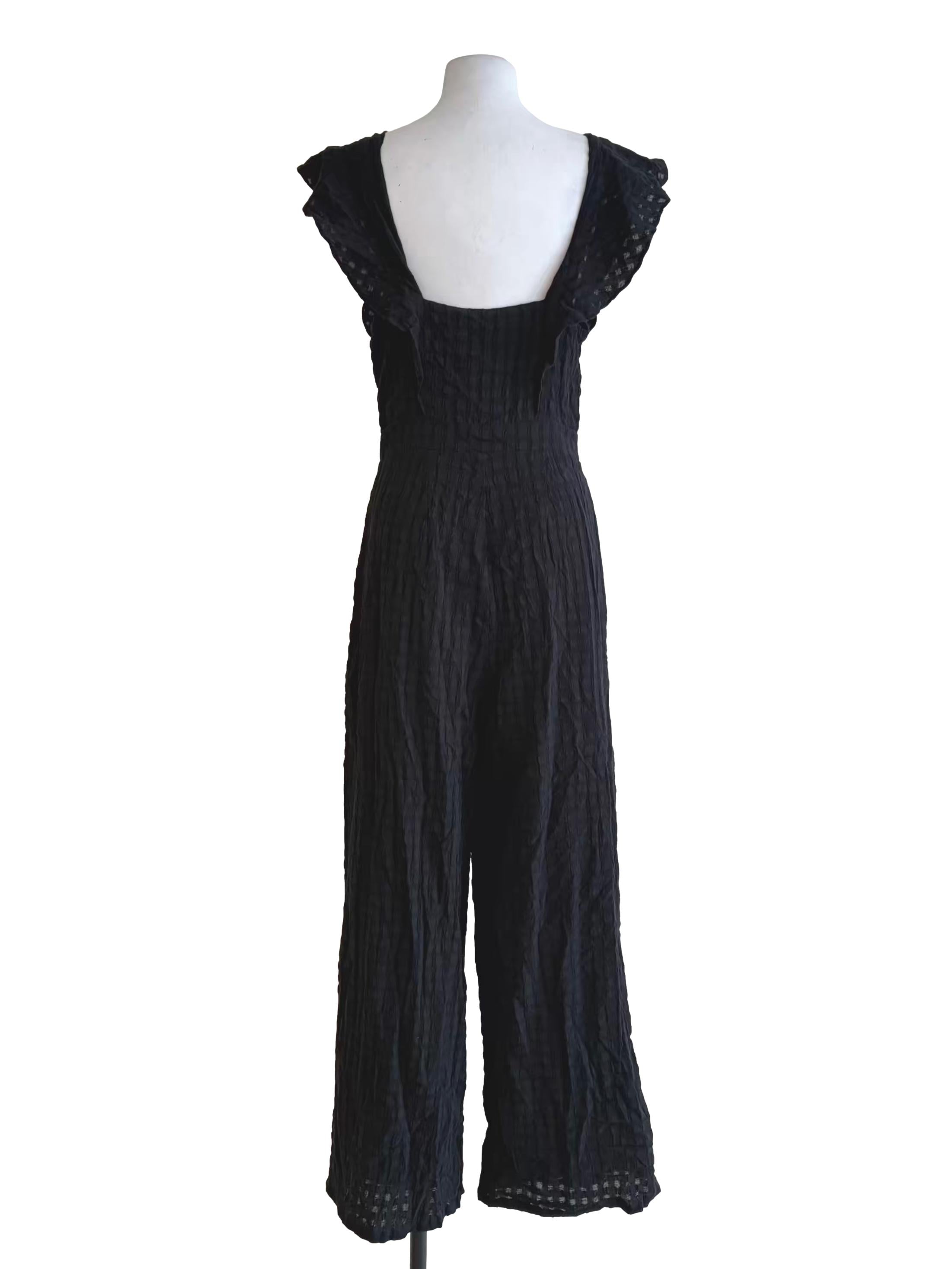Midnight Black Textured Ruffle Front Button Down Jumpsuit