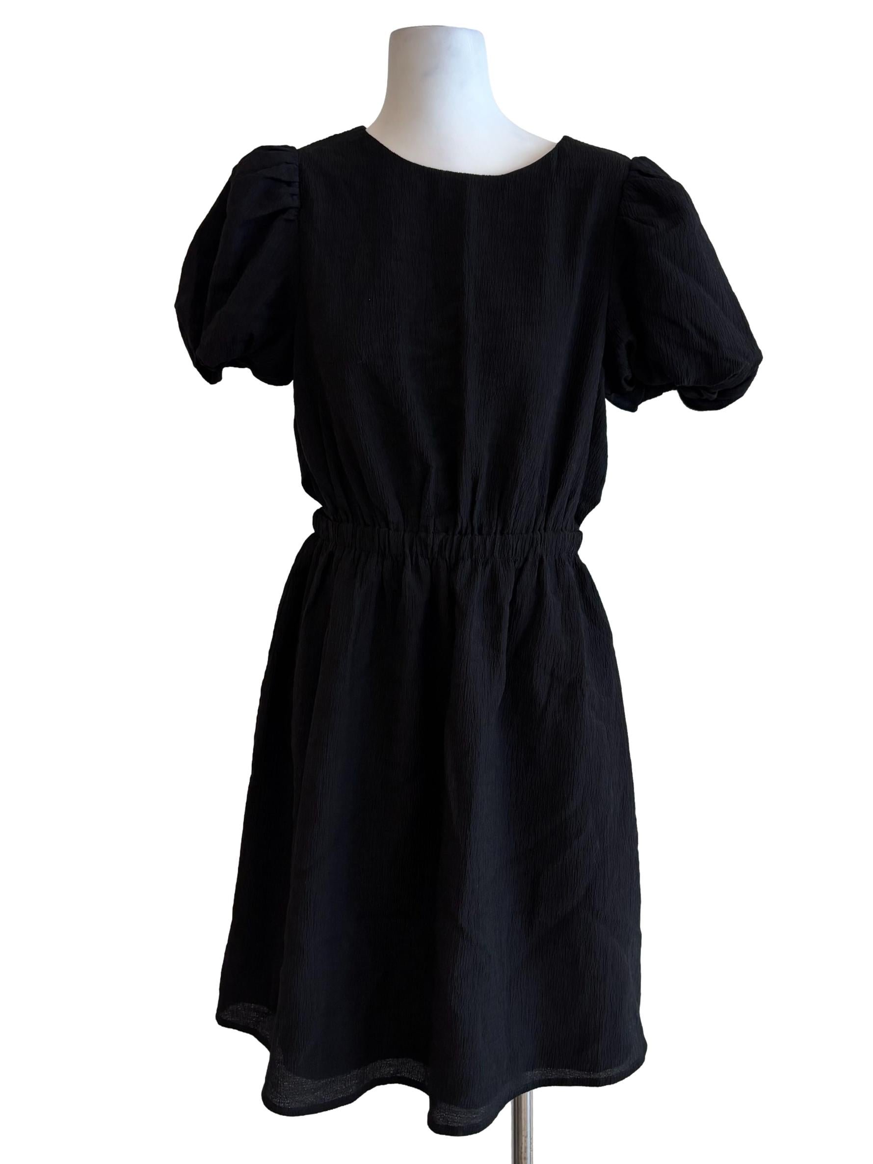 Jet Black Puff Sleeve Textured Dress