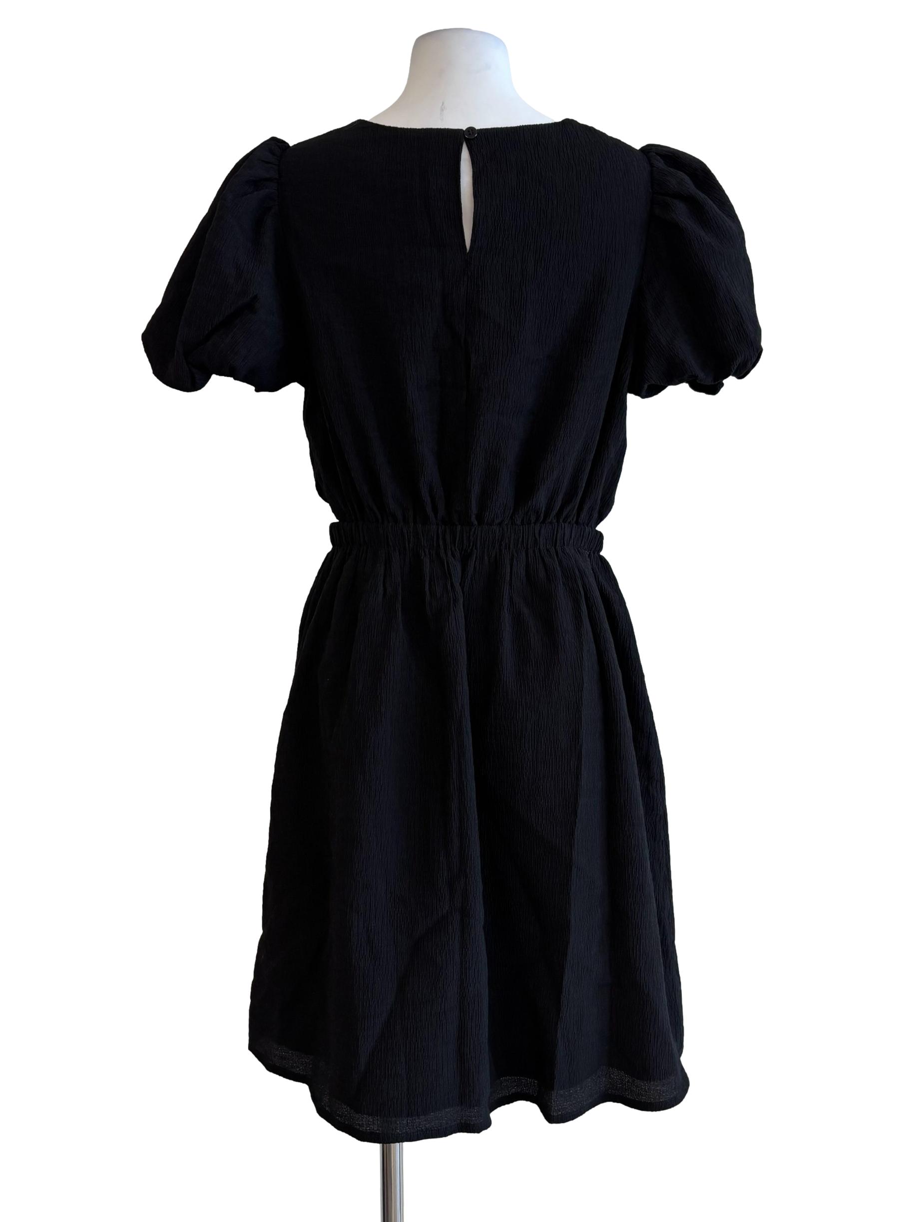Jet Black Puff Sleeve Textured Dress