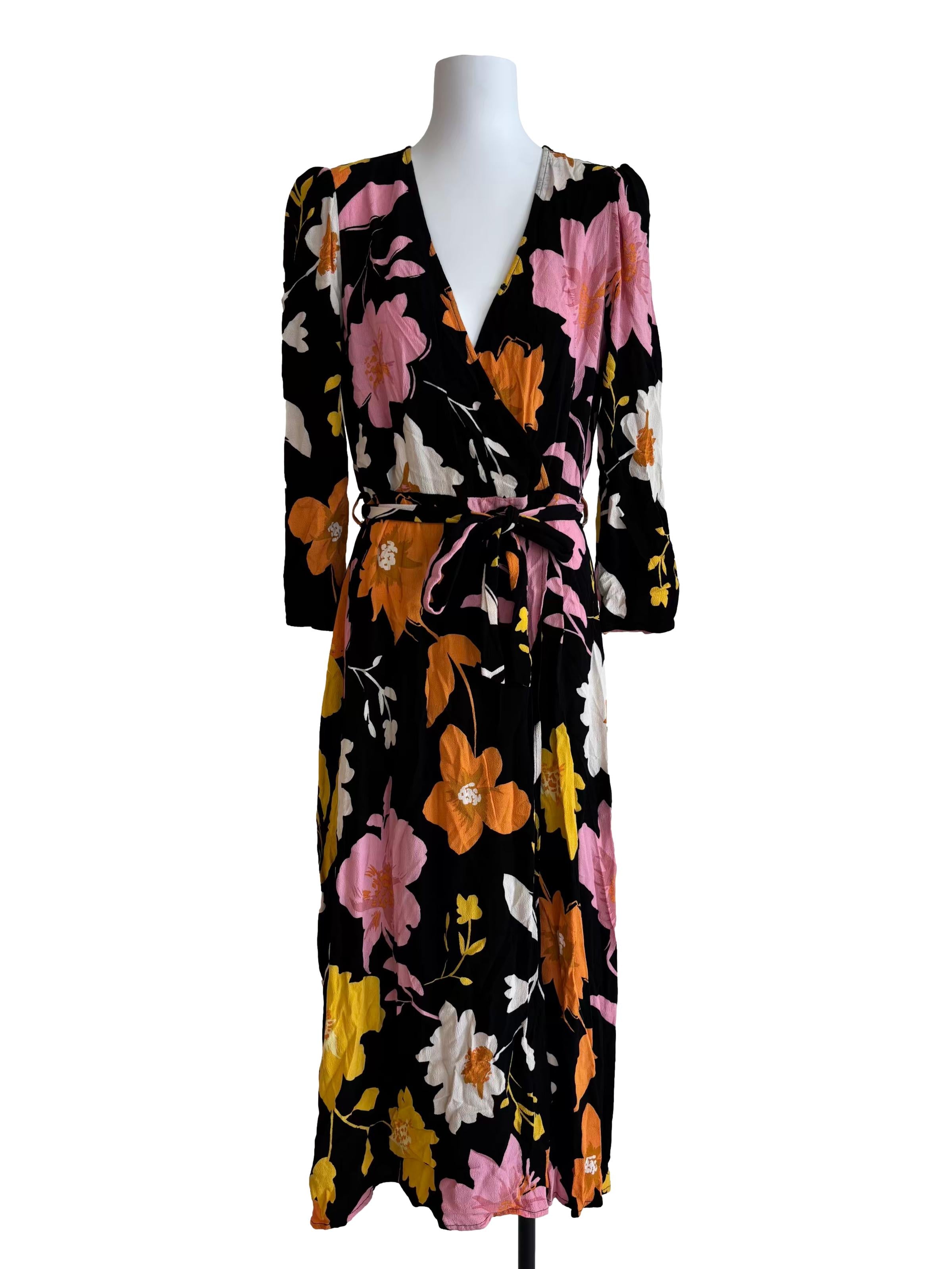 Rich Black Multicolor Floral Midi Dress