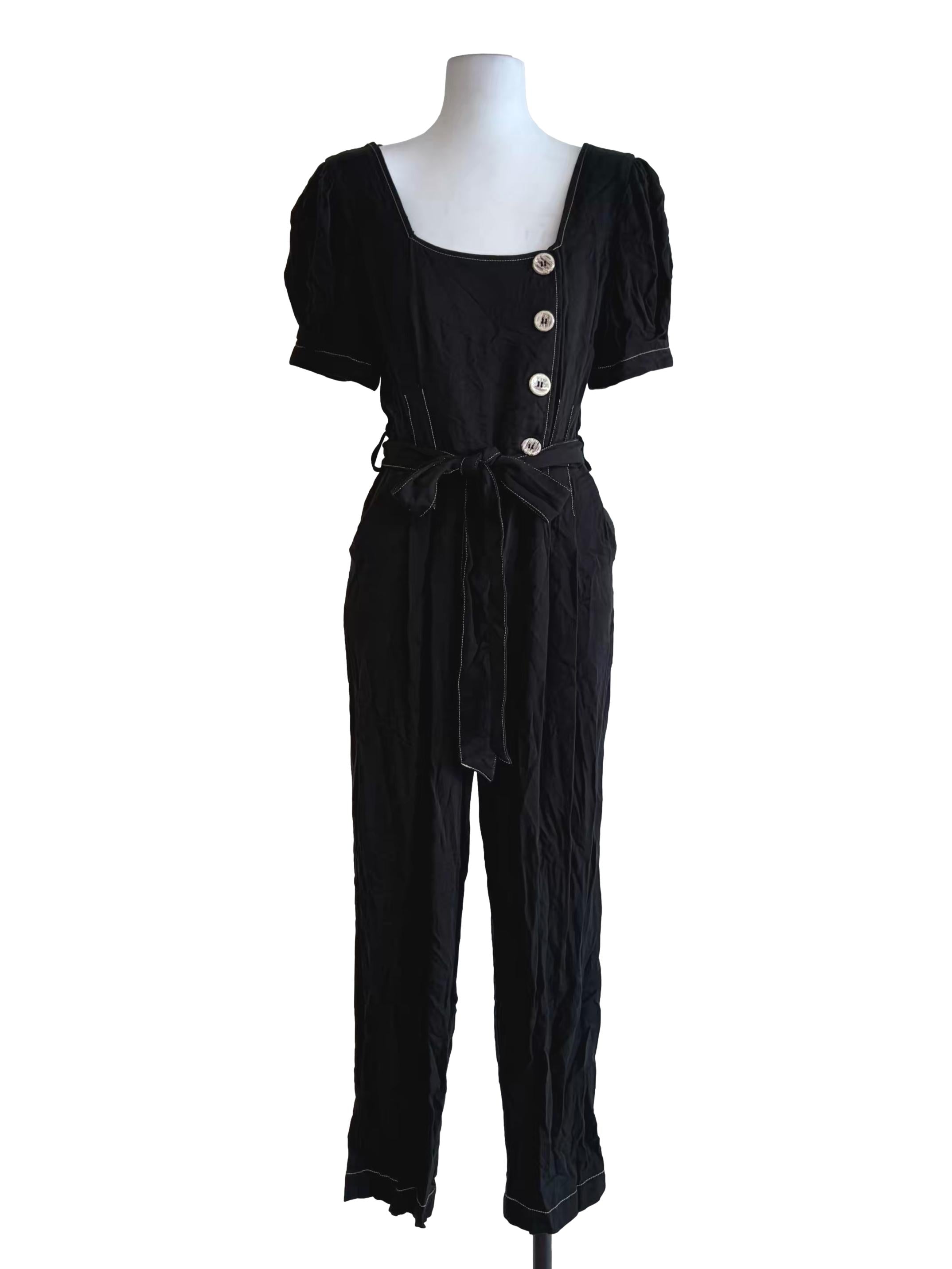 Crow Black Puff Sleeve Button Front Jumpsuit