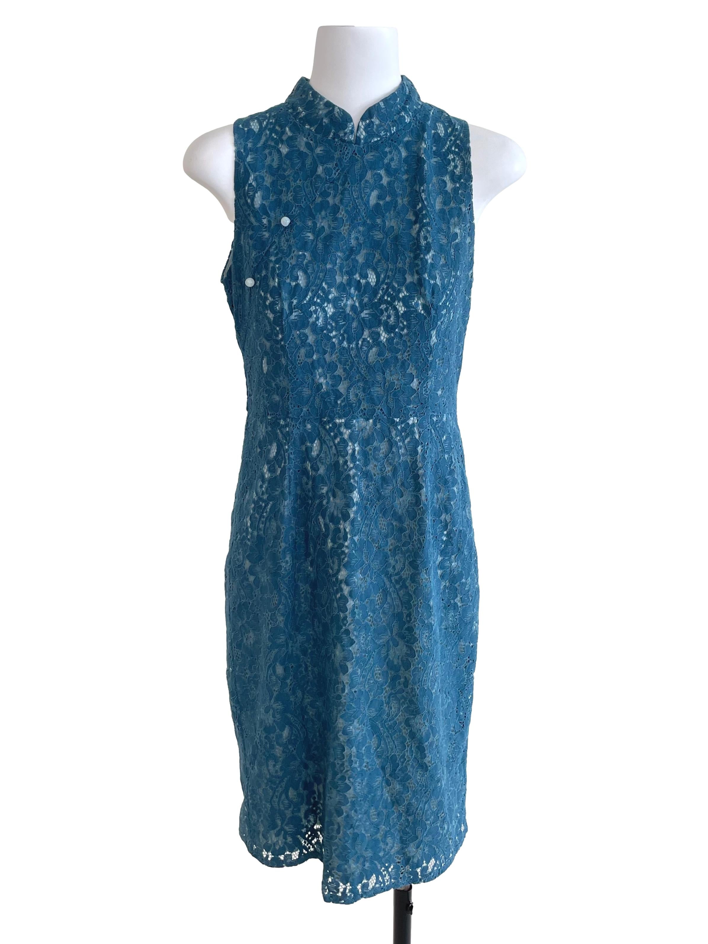 Ocean Blue Lace Cheongsam Dress