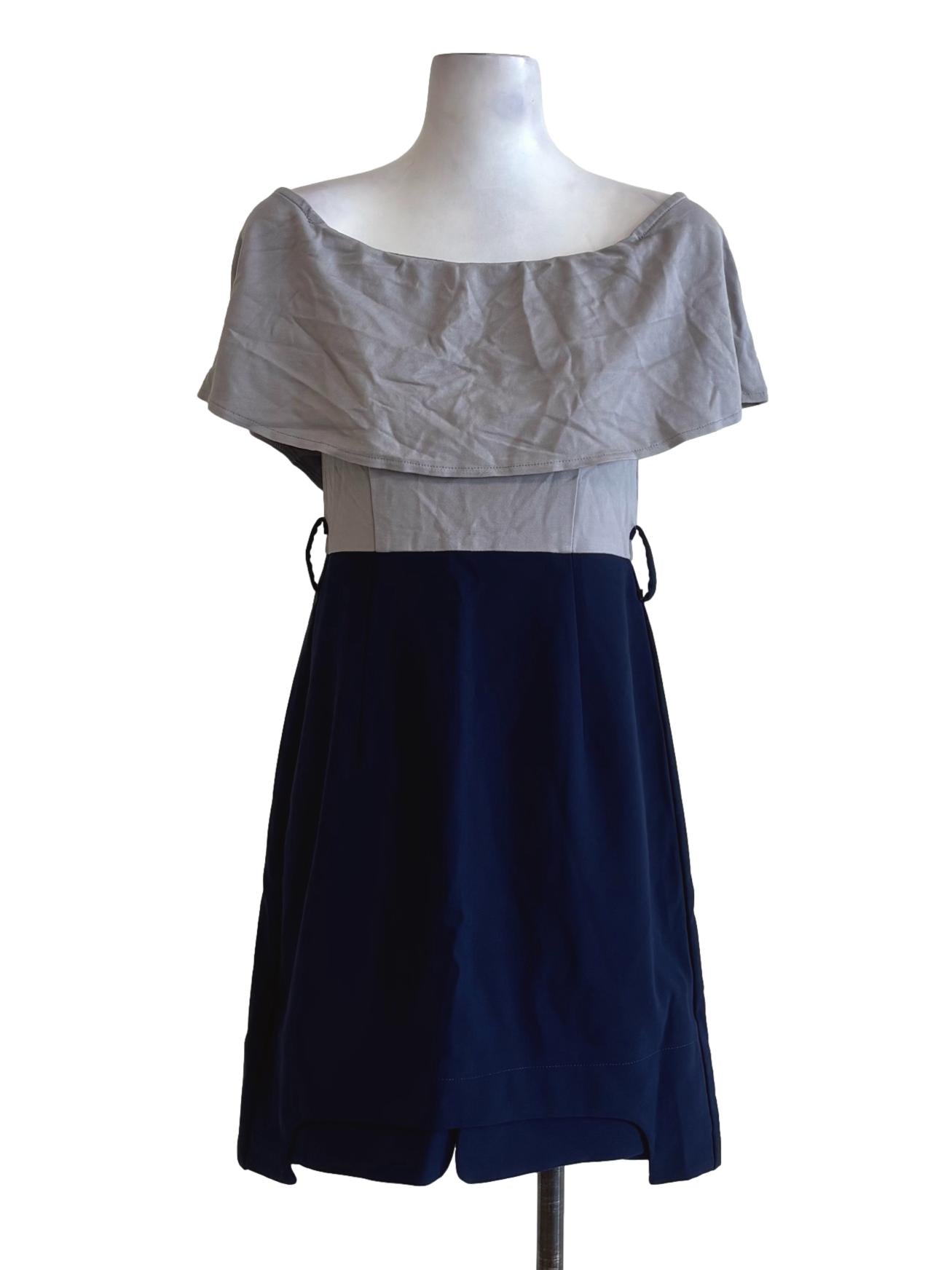Silver Grey Off Shoulder Navy Blue Dress