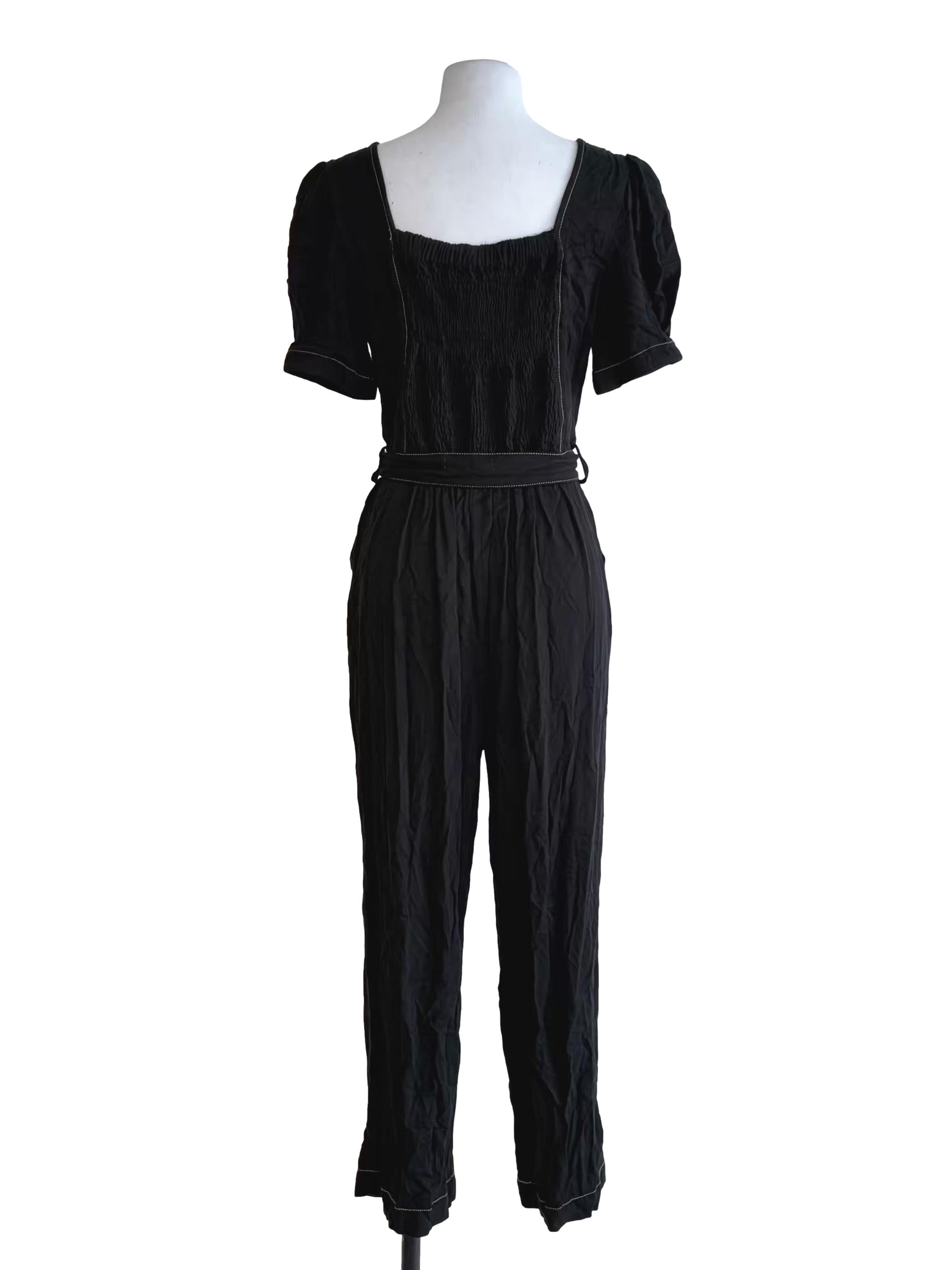 Crow Black Puff Sleeve Button Front Jumpsuit