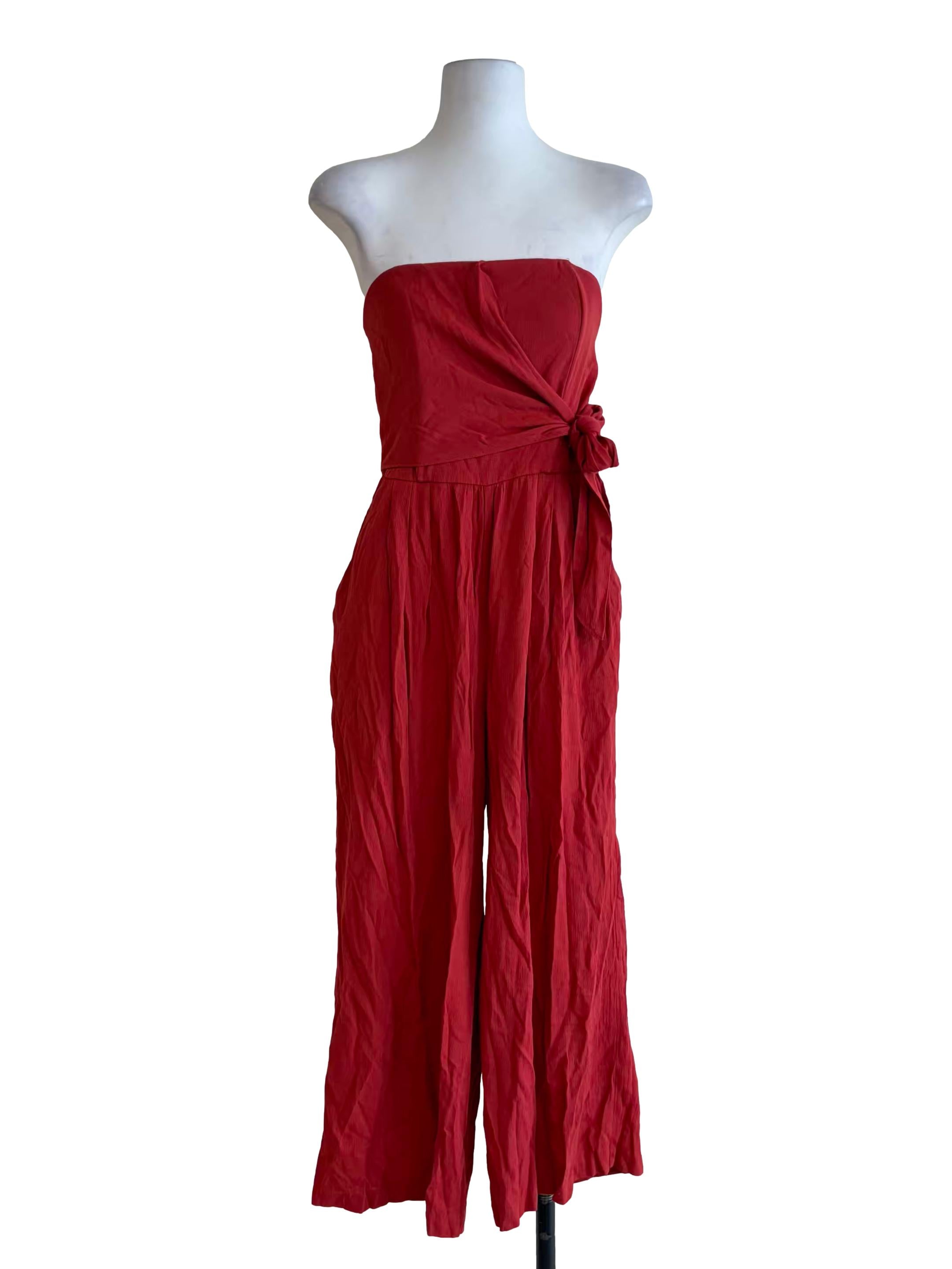 Crimson Red Wrap Strapless Jumpsuit