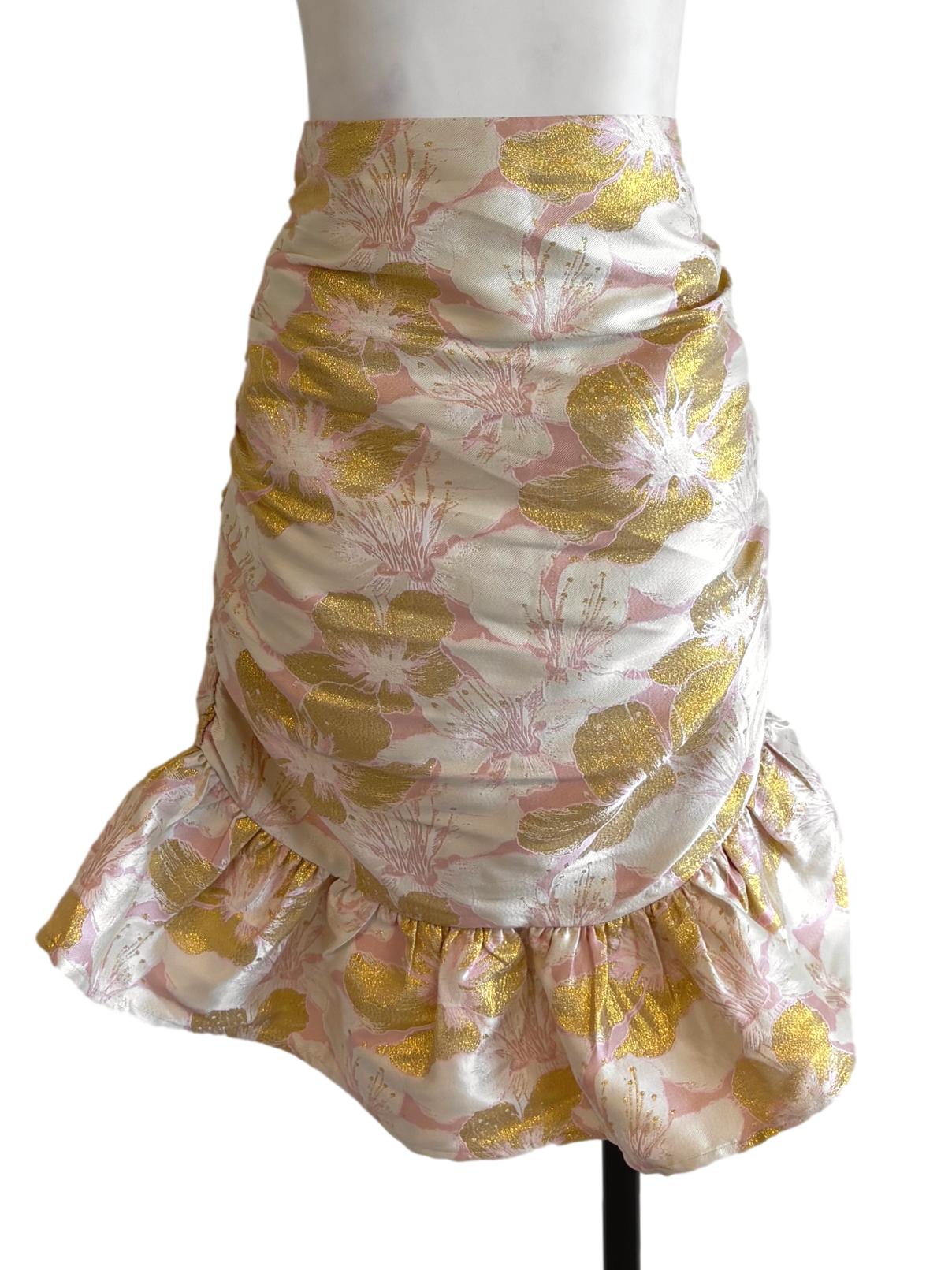 Beige Gold Floral Brocade Ruffle Flounce Skirt