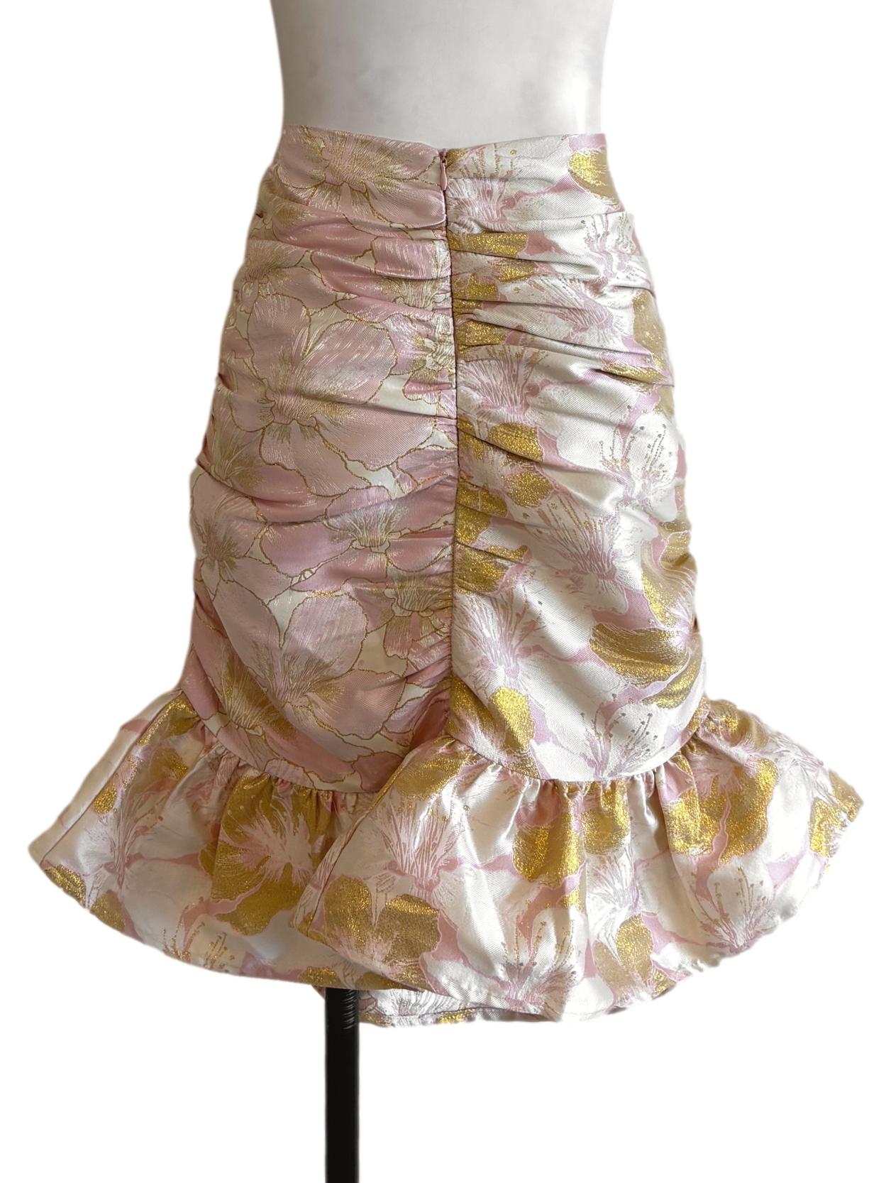 Beige Gold Floral Brocade Ruffle Flounce Skirt