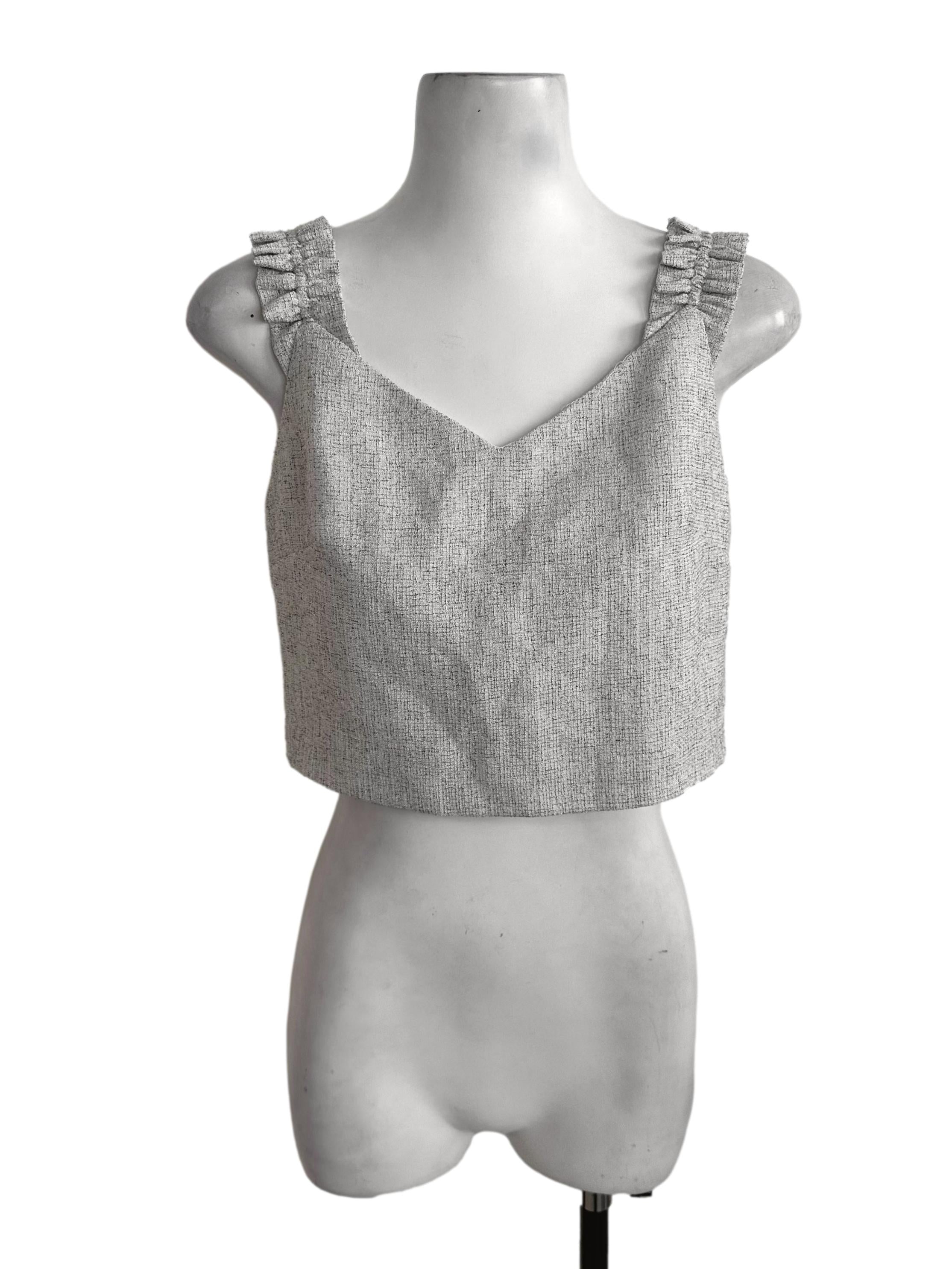 Ash Grey Ruched Strap V Neck Textured Top