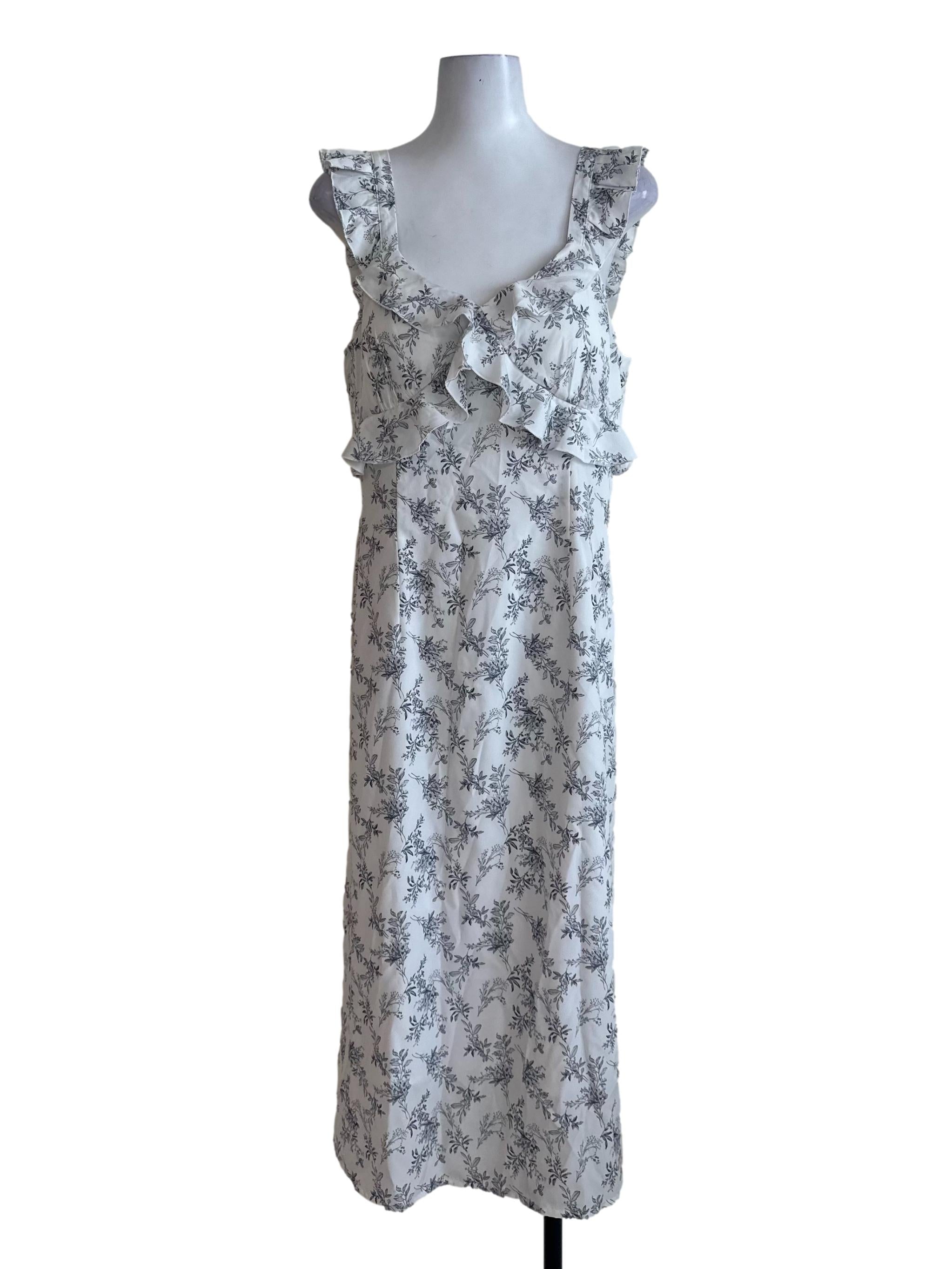White Grey Pattern Ruffle Sleeveless Dress
