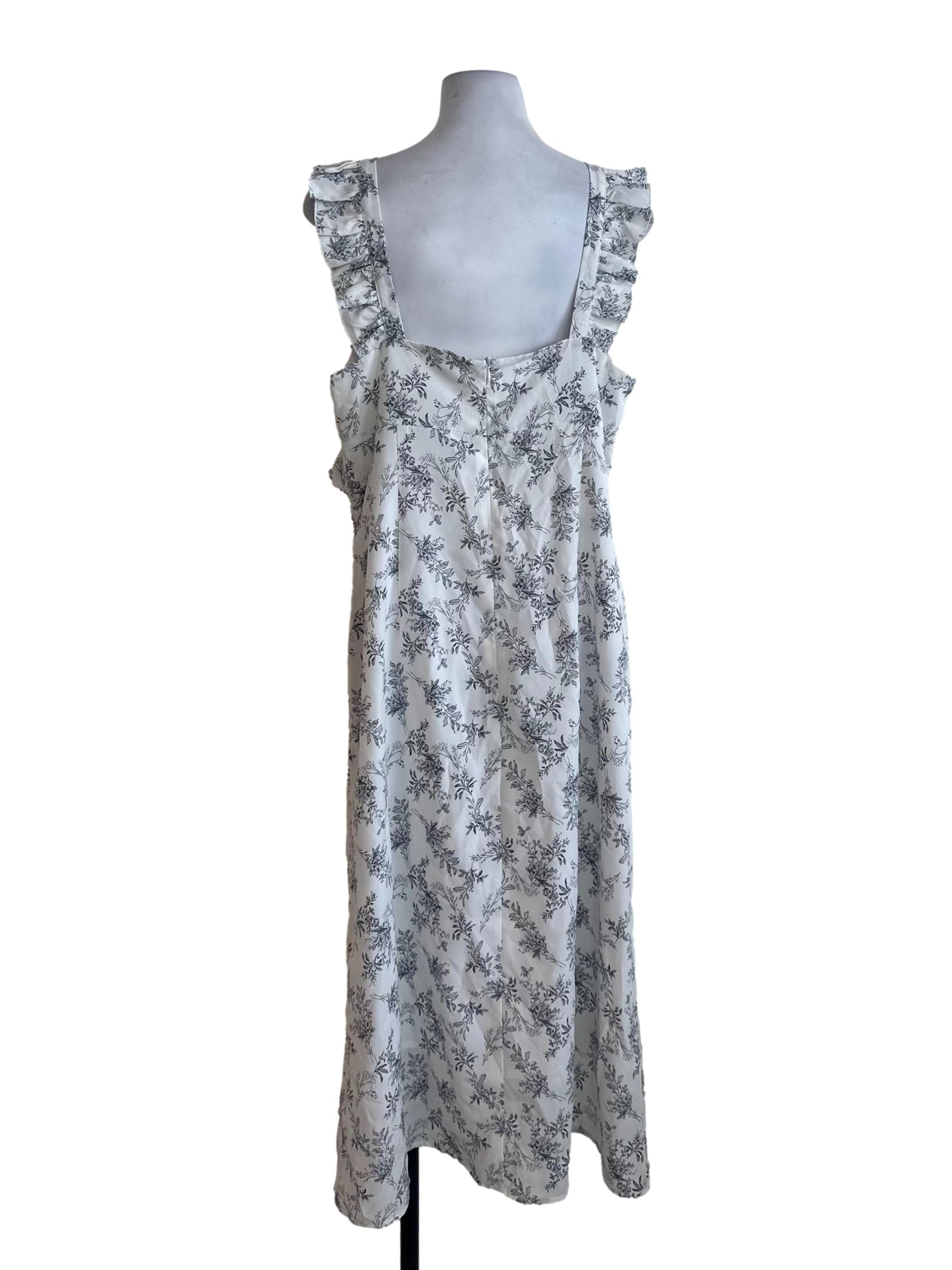 White Grey Pattern Ruffle Sleeveless Dress