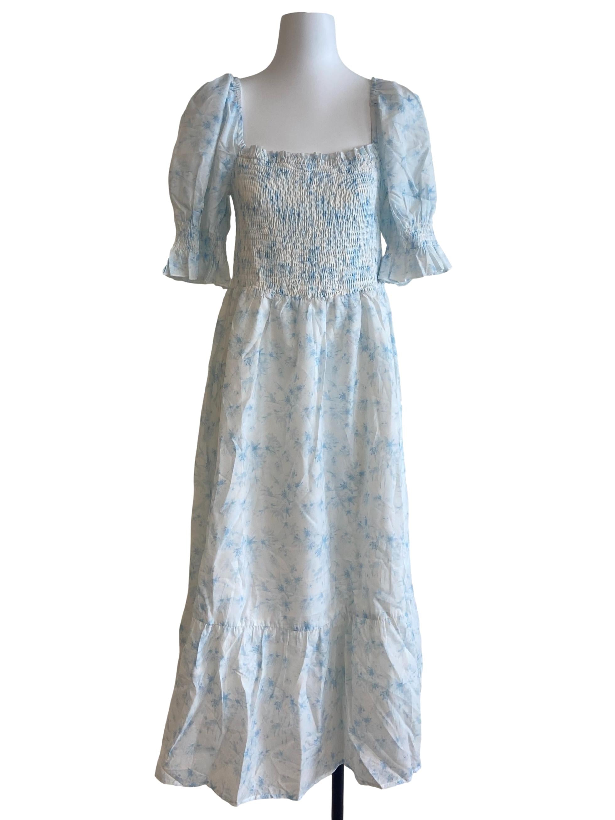 White & Blue Floral Square Neck Drop Waist Dress