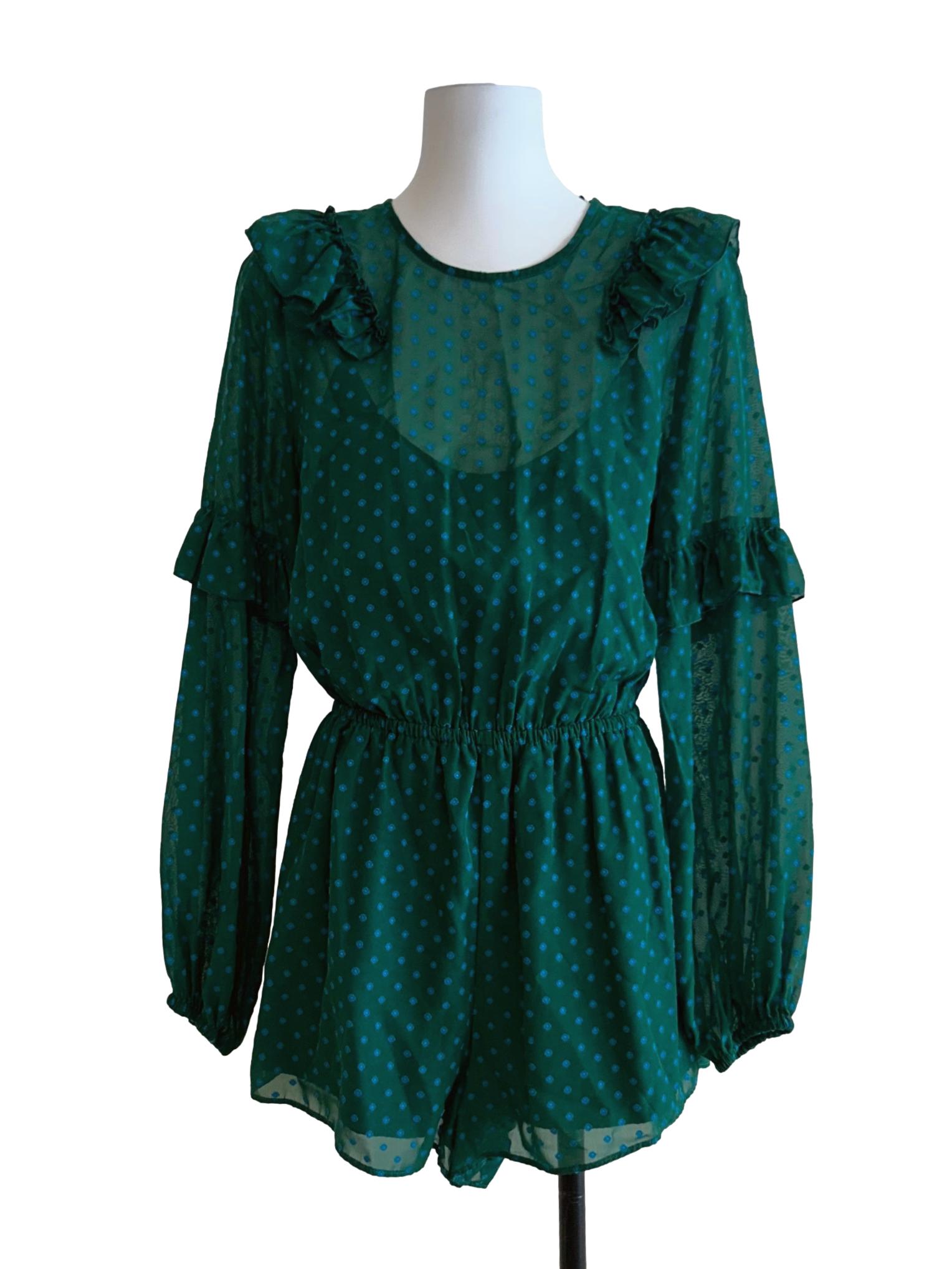 Pine Green And Blue Polka Dot Romper