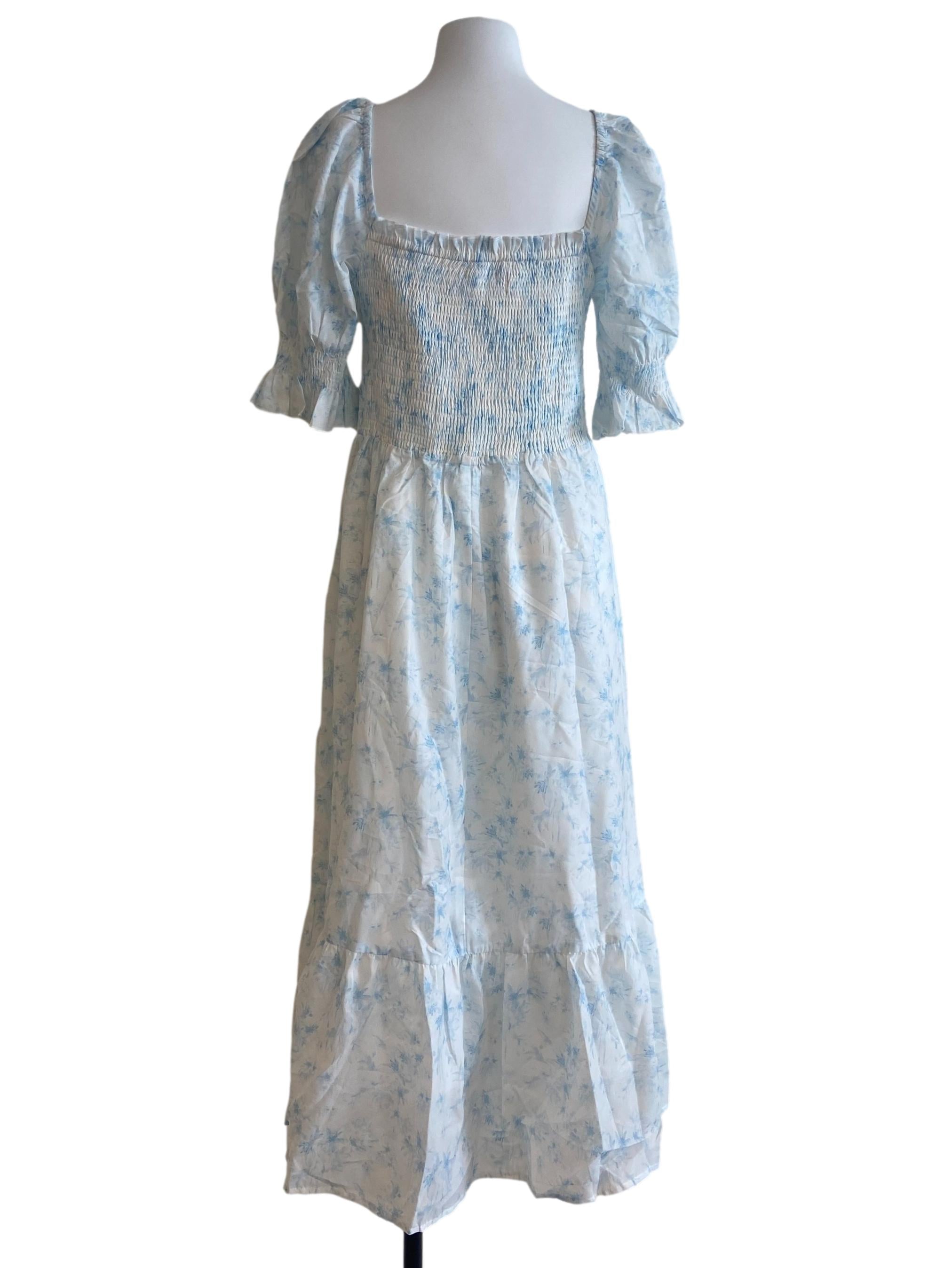 White & Blue Floral Square Neck Drop Waist Dress