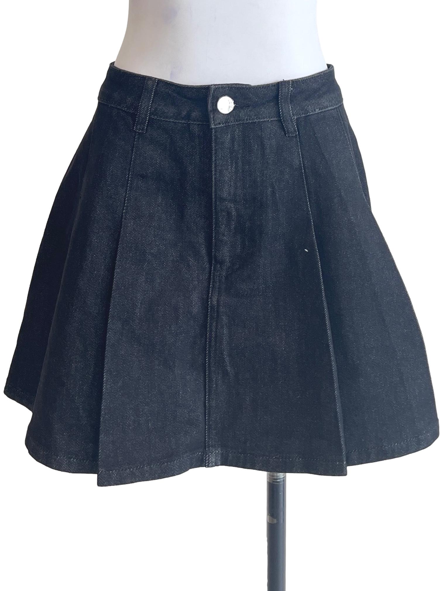 Black Pleated Denim Skirt
