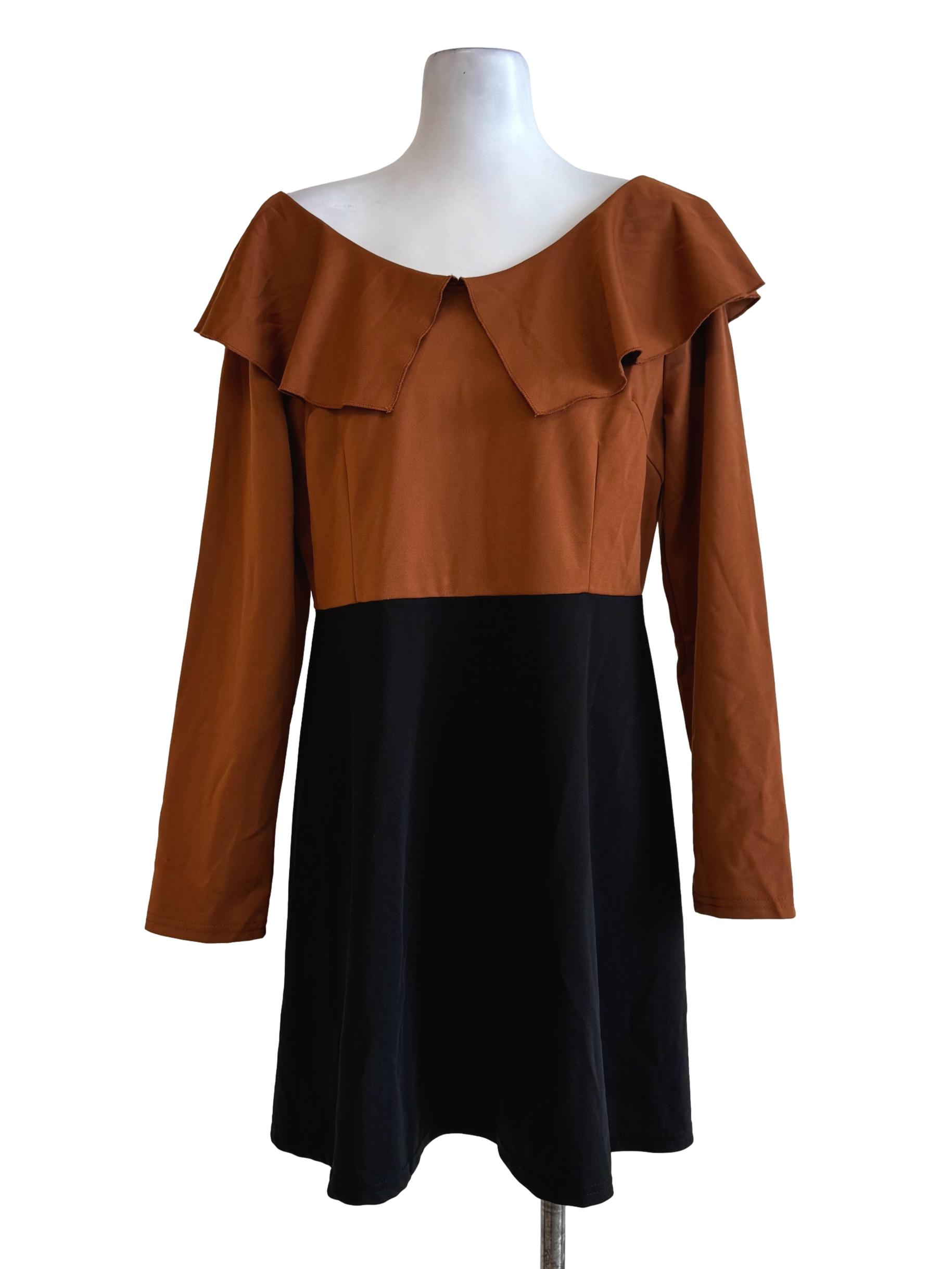 Deep Caramel And Black Long Sleeve Dress