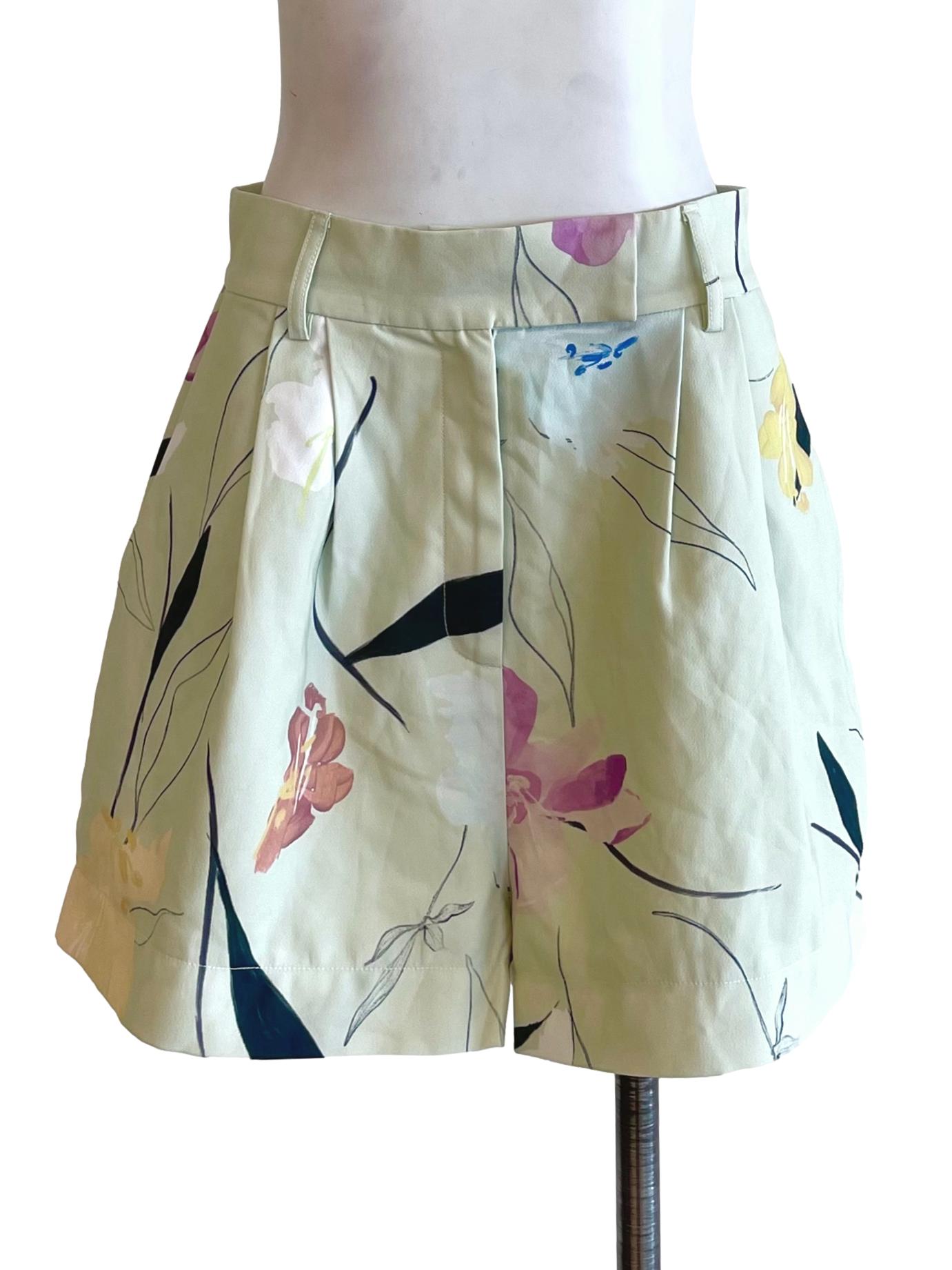 Pastel Green Floral Pleated Shorts LB