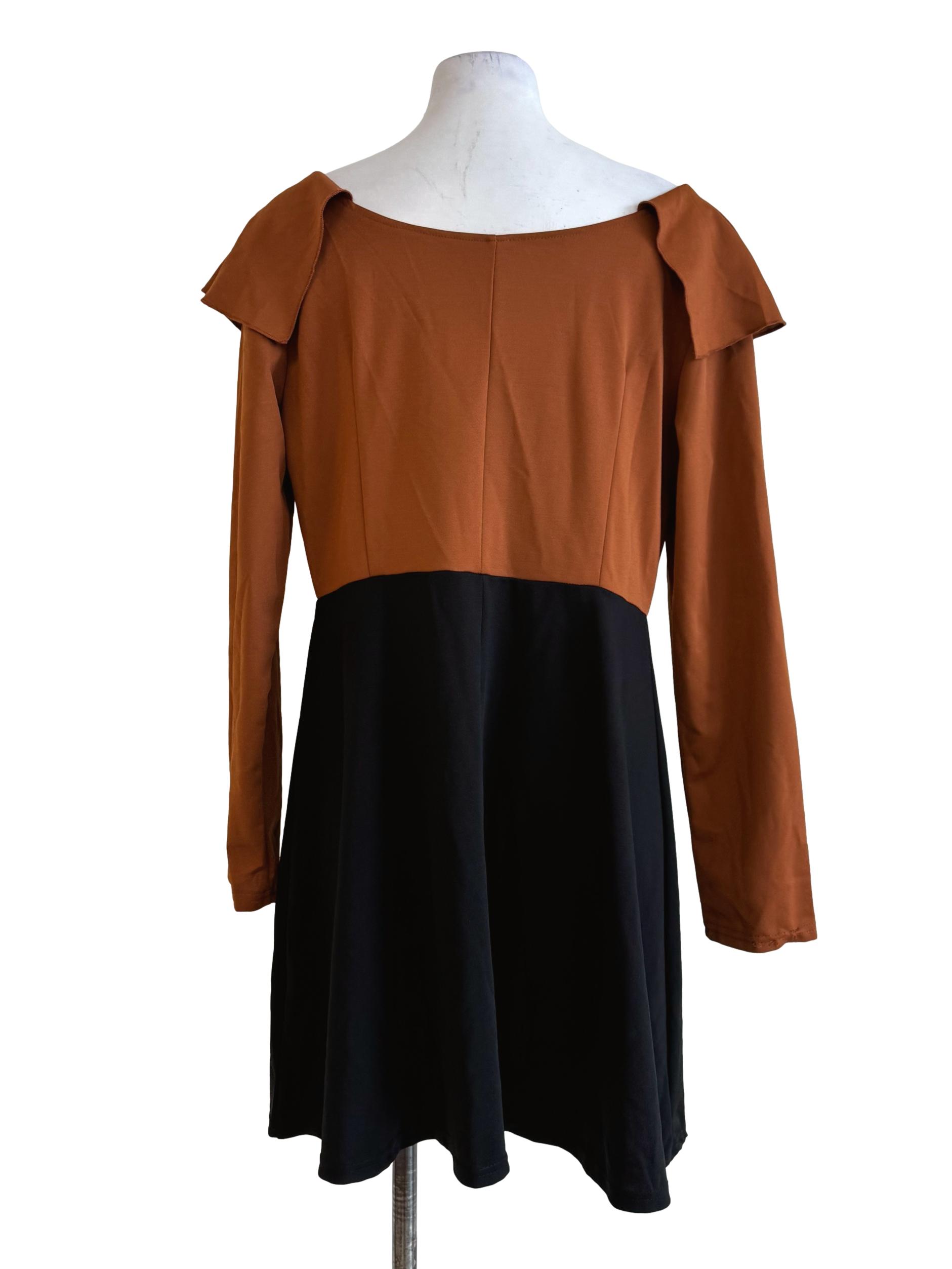 Deep Caramel And Black Long Sleeve Dress