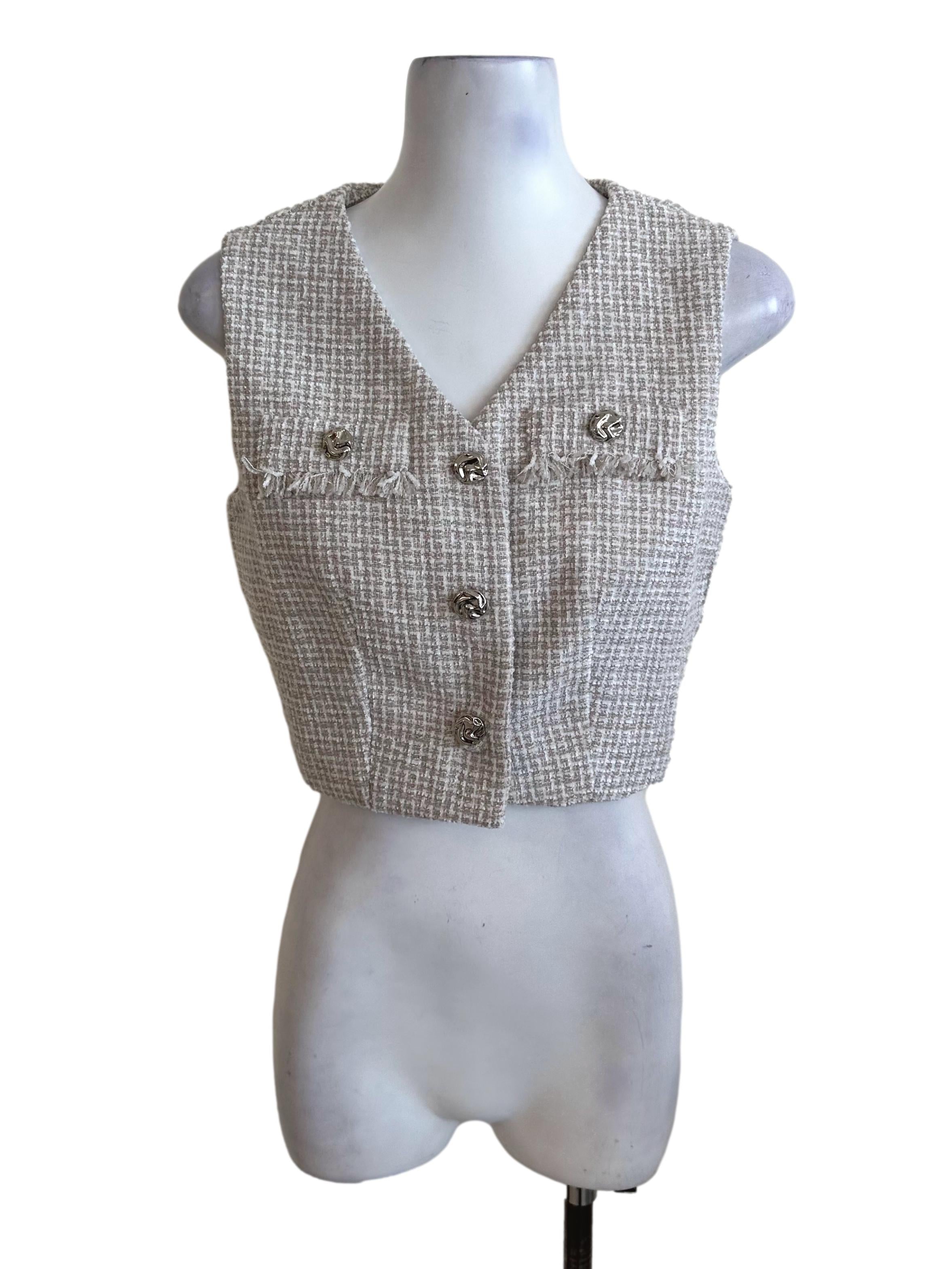 Light Beige Tweed Textured Button Vest TWL