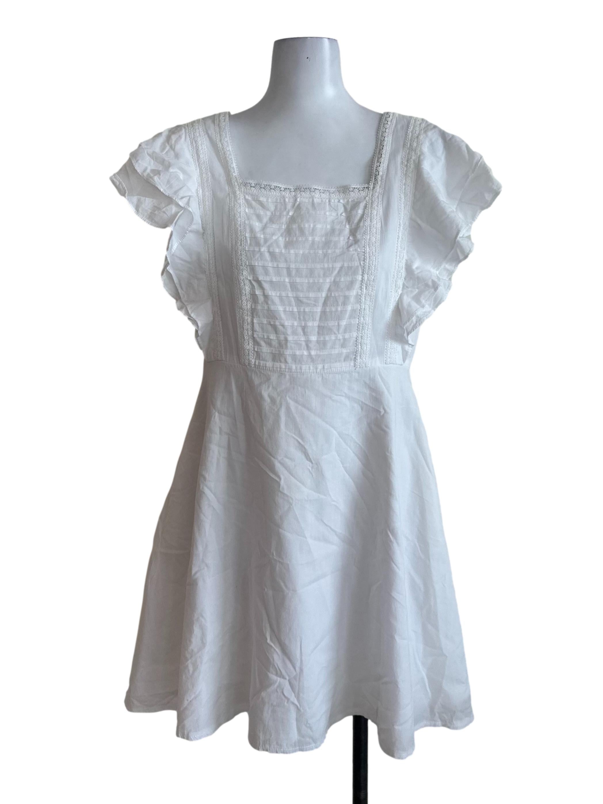 Ivory White Stripe Lace Ruffle Sleeve Dress
