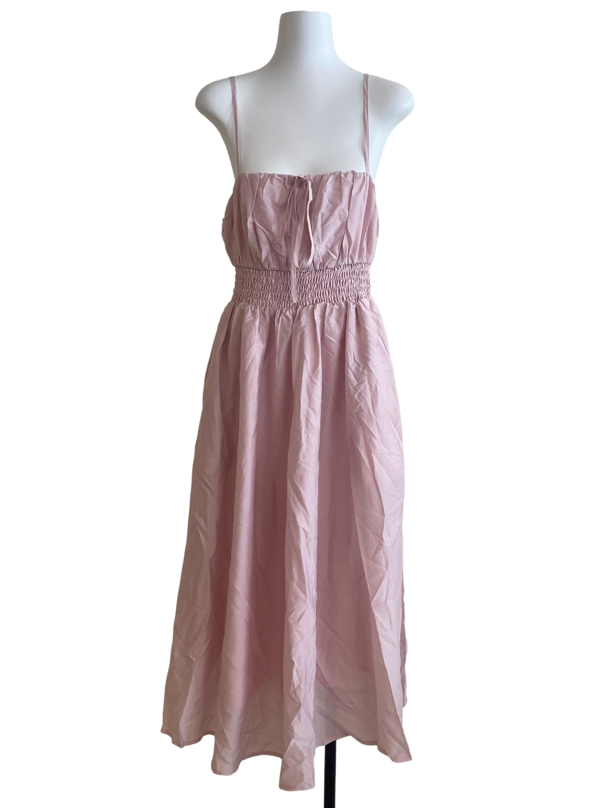 Crepe Pink Sleeveless Pegged Waist A-Line Dress