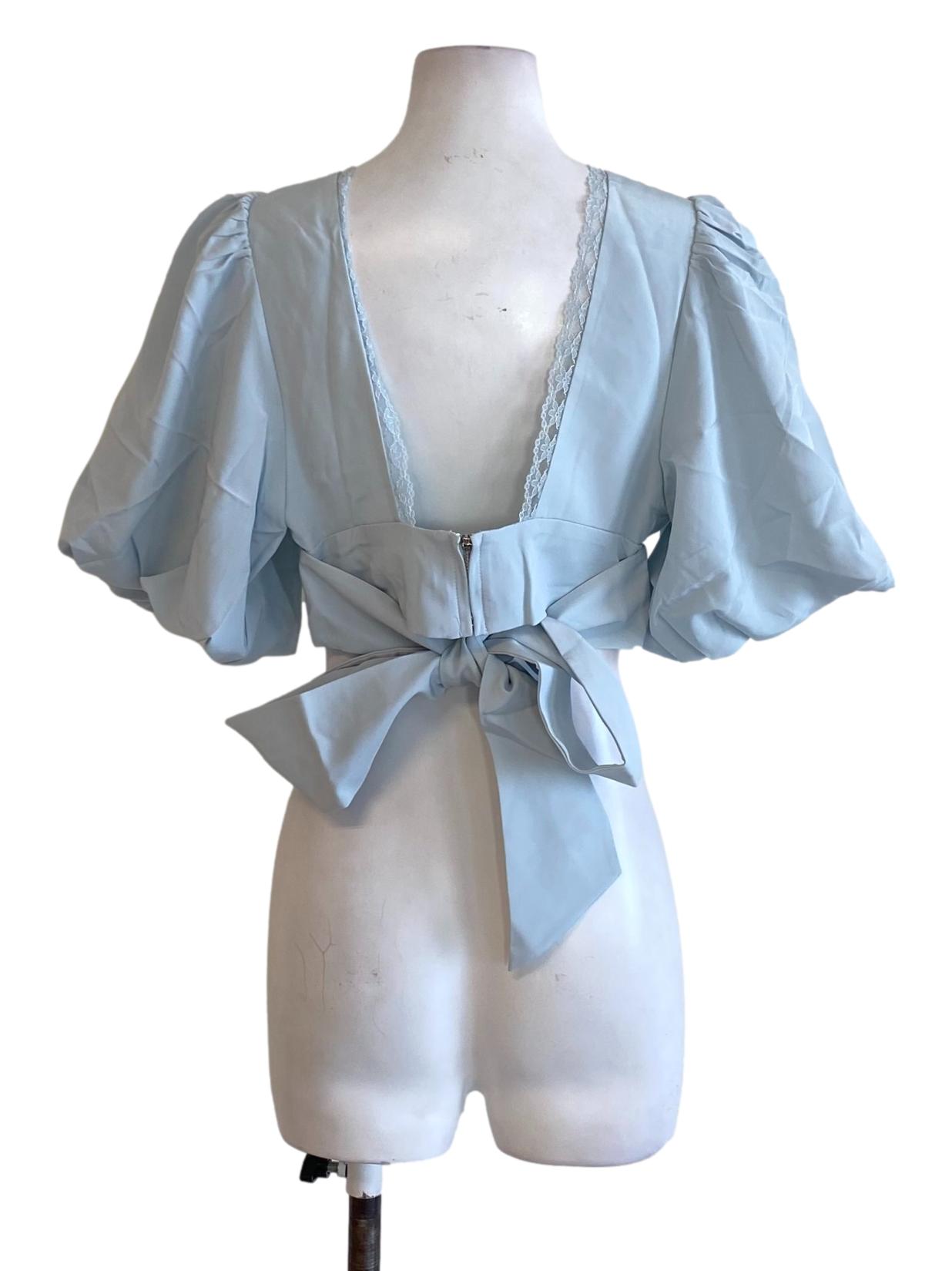 Pastel Blue V-Neck Puffed Waisted Cropped Top