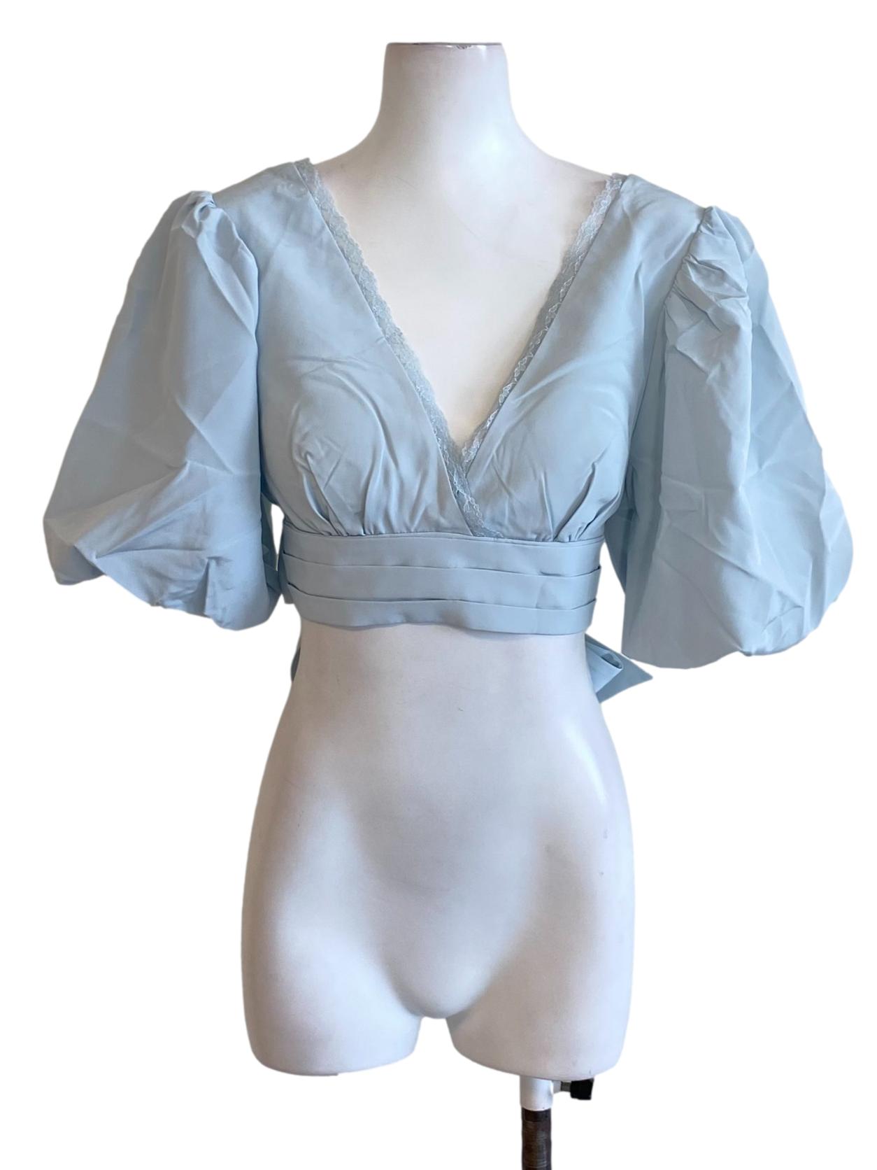 Pastel Blue V-Neck Puffed Waisted Cropped Top