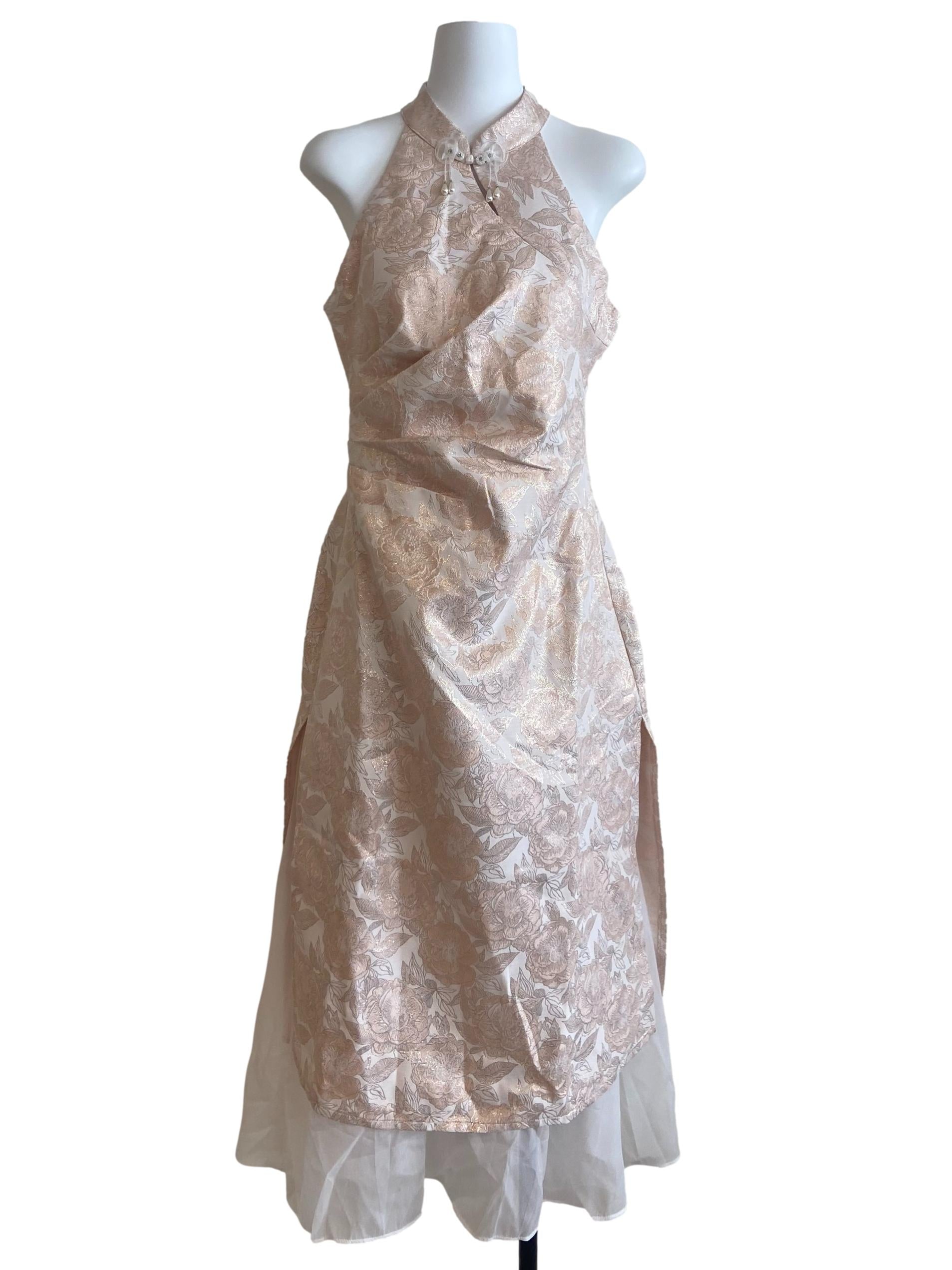Salmon Pink & Floral Slit Sleeveless Maxi Dress