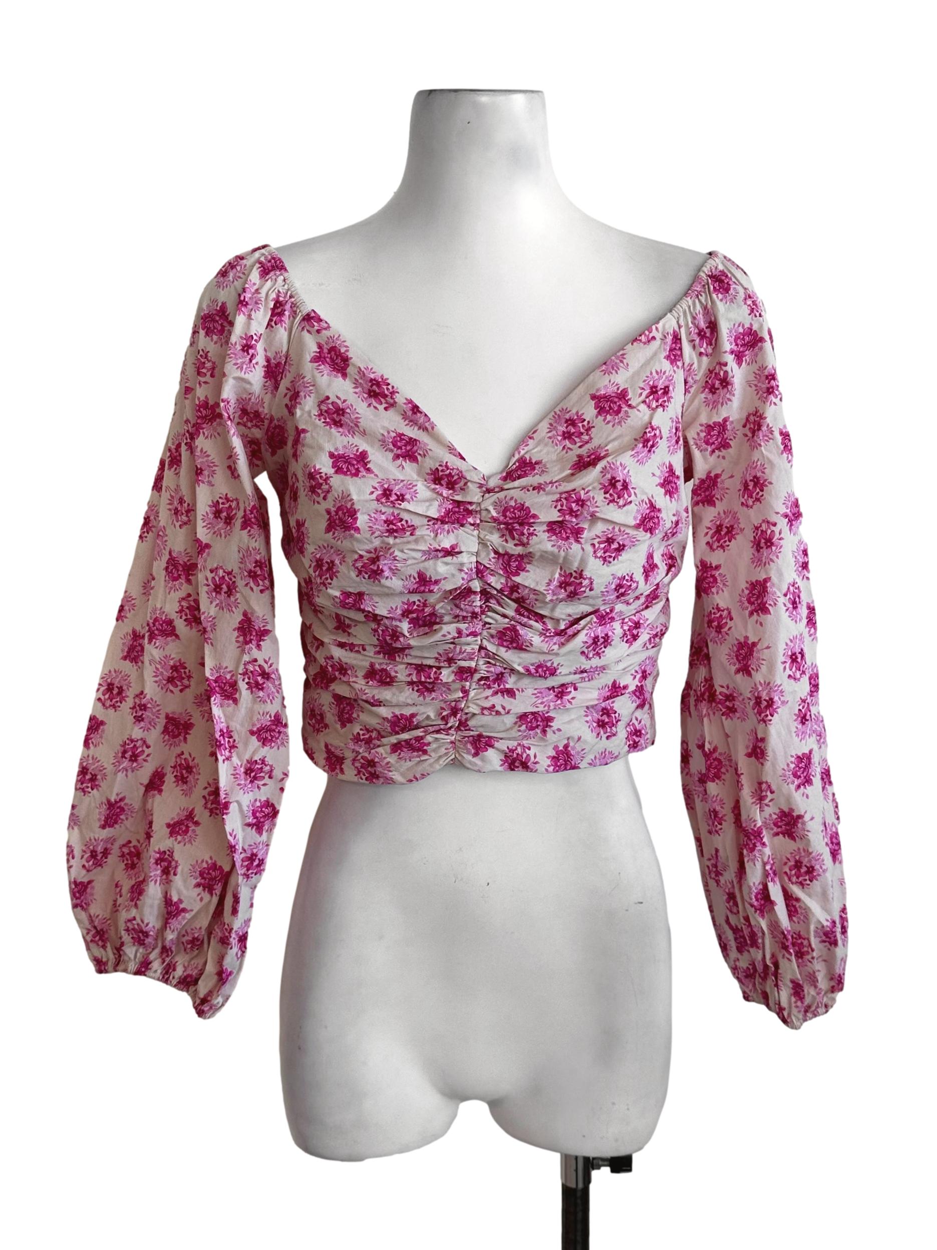 Pink Beige Floral V Neck Ruched Top