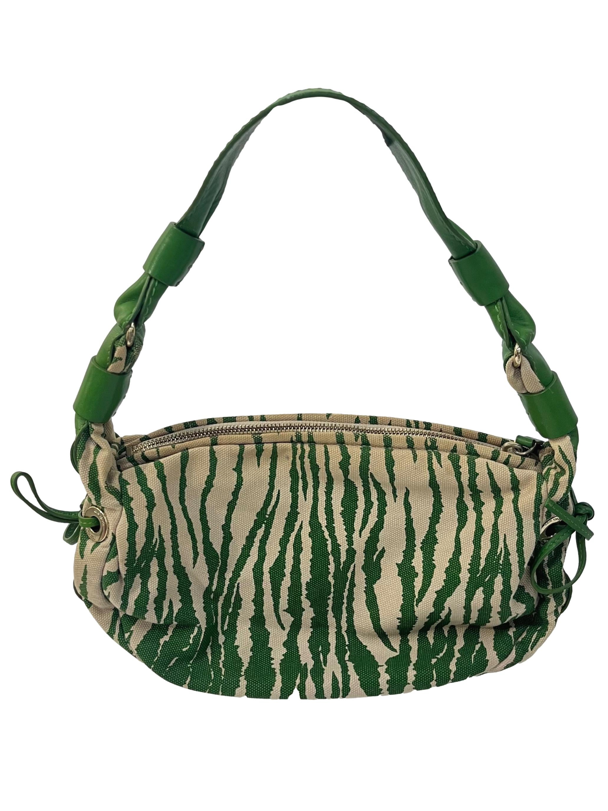 Green Zebra Print Canvas Shoulder Bag
