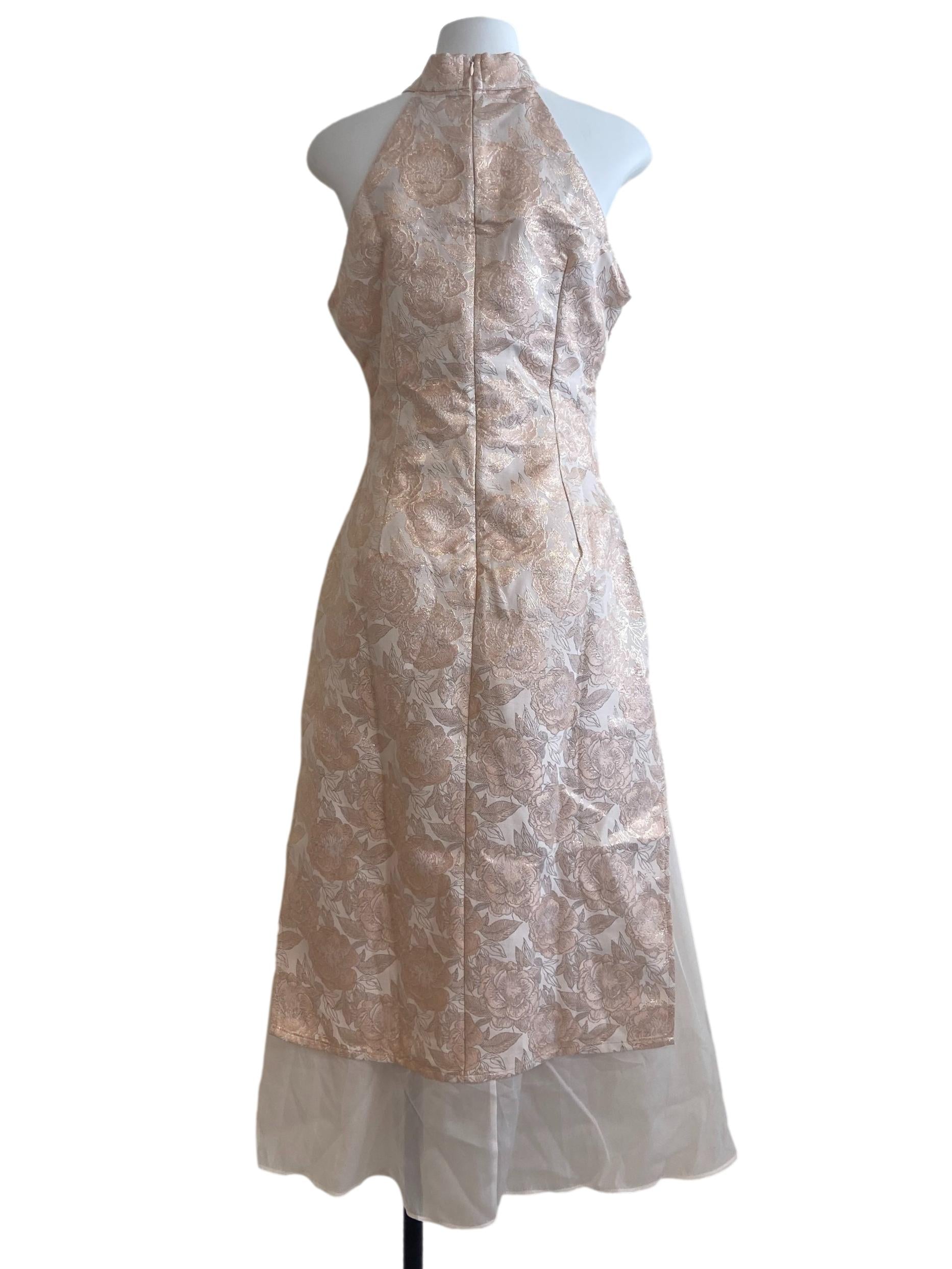 Salmon Pink & Floral Slit Sleeveless Maxi Dress