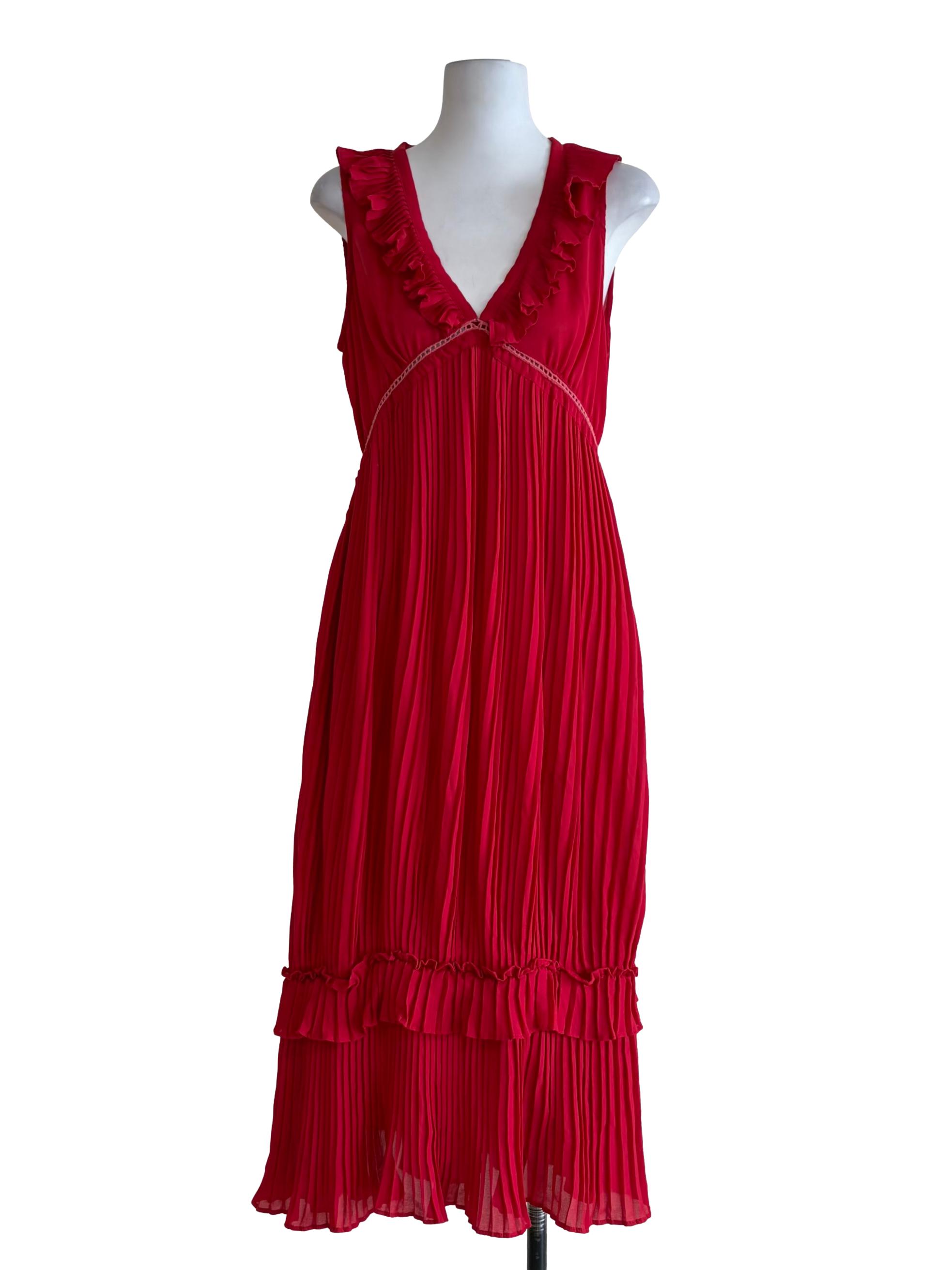 Rose Red Ruffle V-Neck Sleeveless Dress
