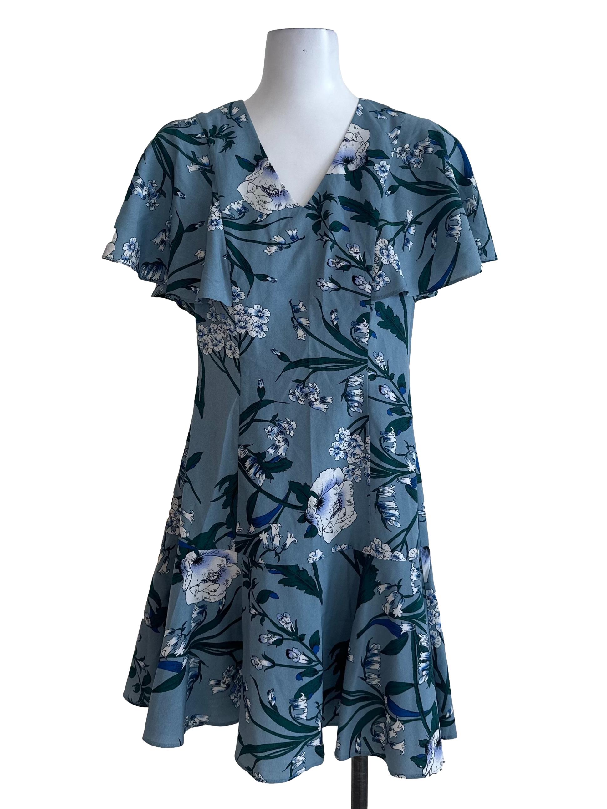 Dusty Blue Floral V Neck Dress
