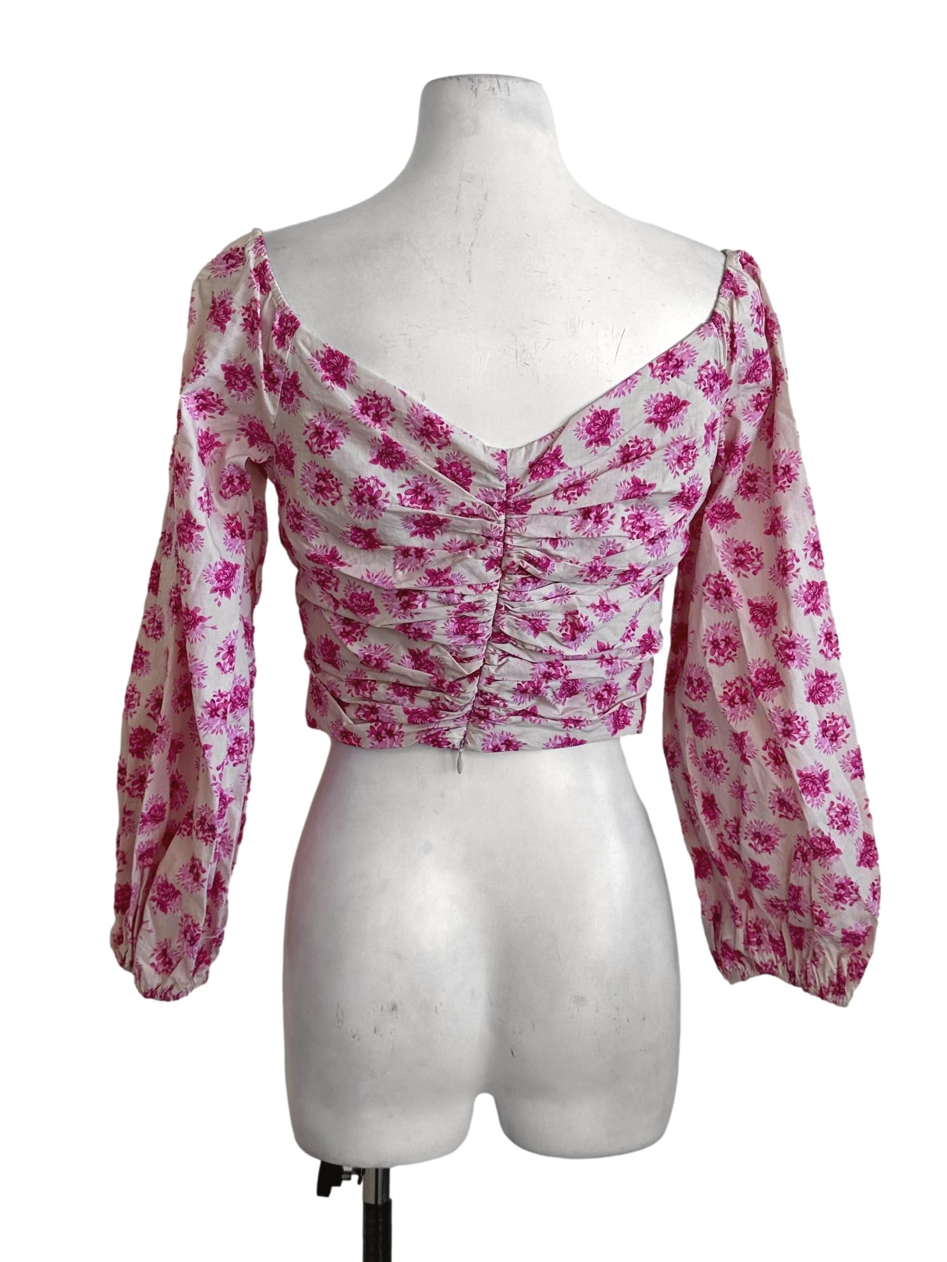 Pink Beige Floral V Neck Ruched Top