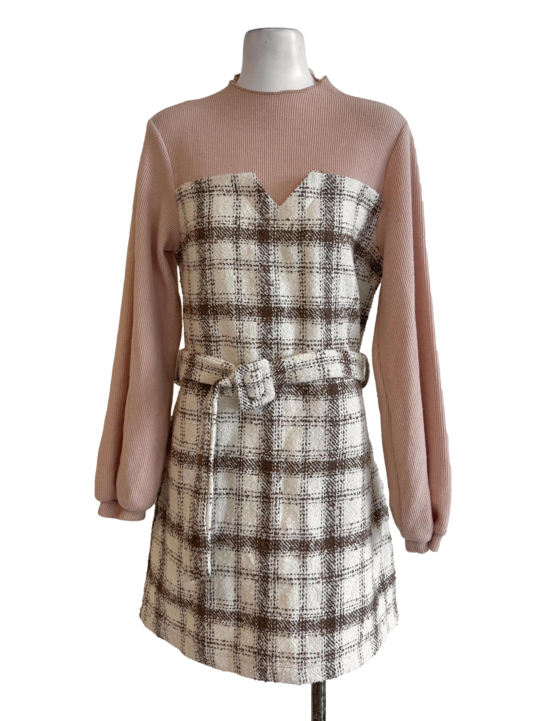 Nude Gingham Knitted Long Sleeve Dress