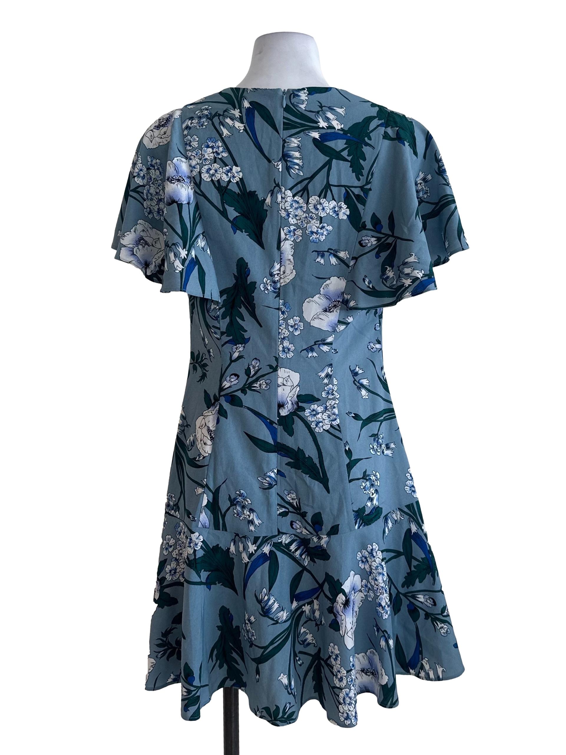 Dusty Blue Floral V Neck Dress
