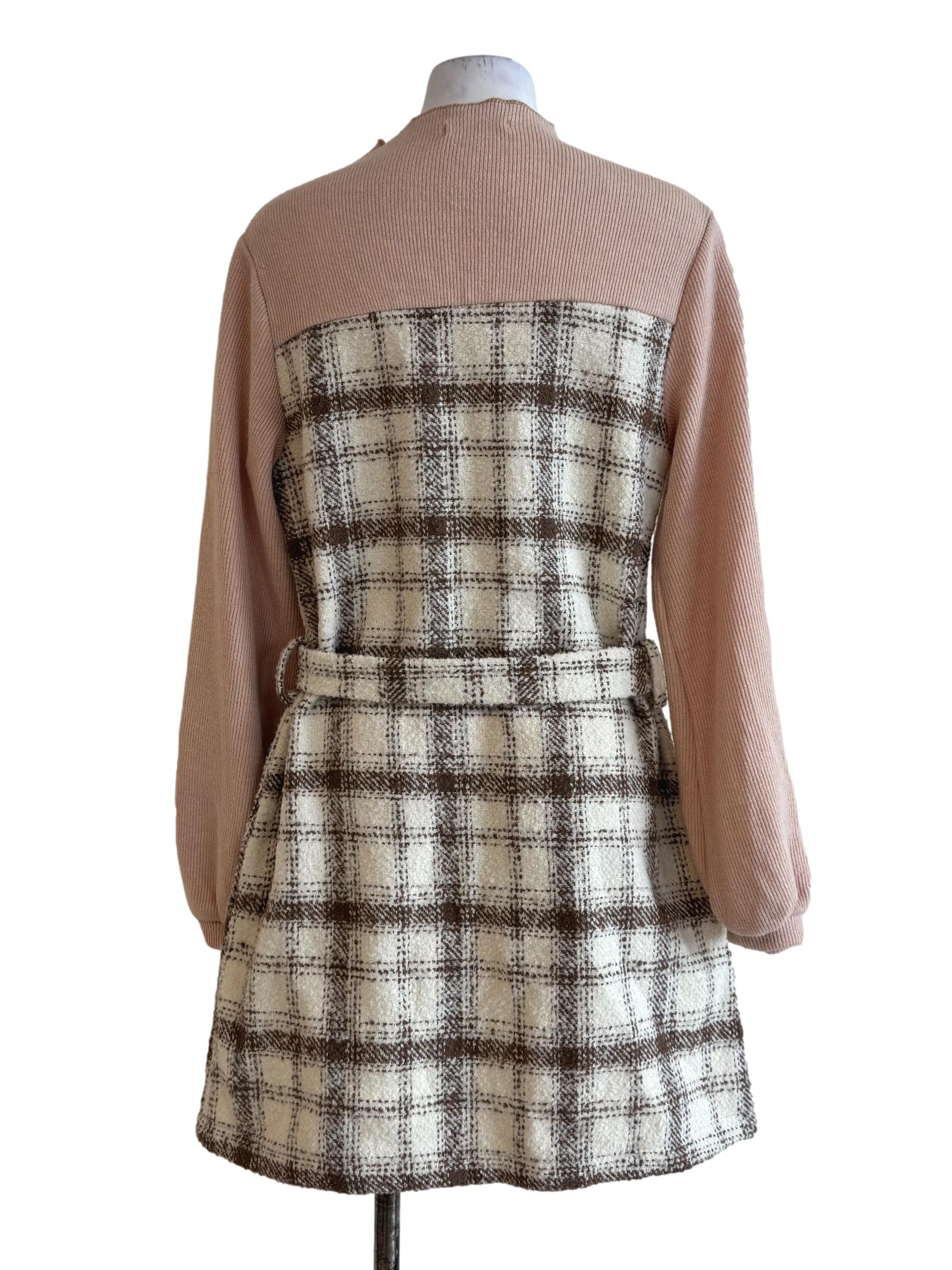 Nude Gingham Knitted Long Sleeve Dress