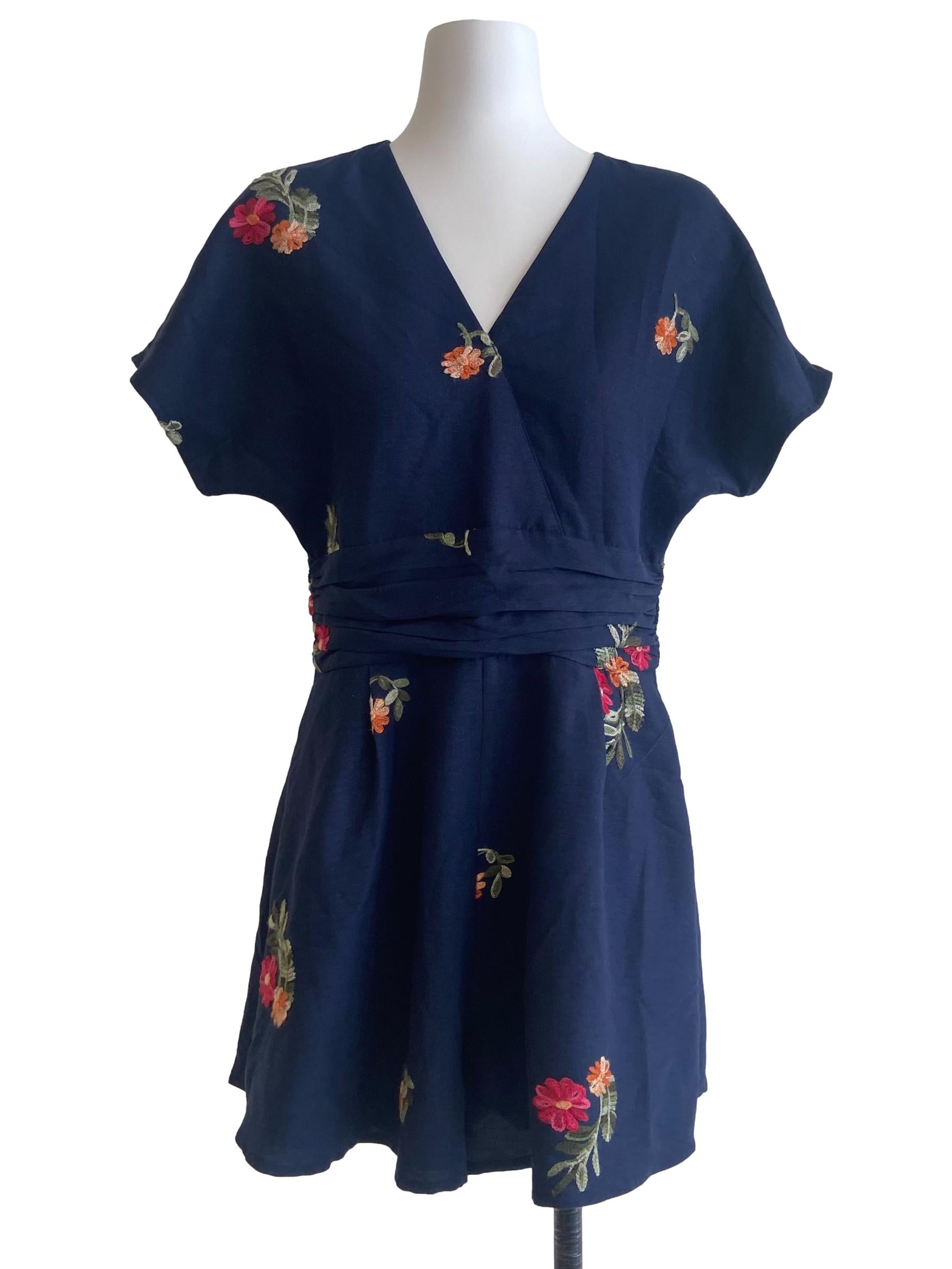 Navy Blue & Floral Batwing Sleeve Romper