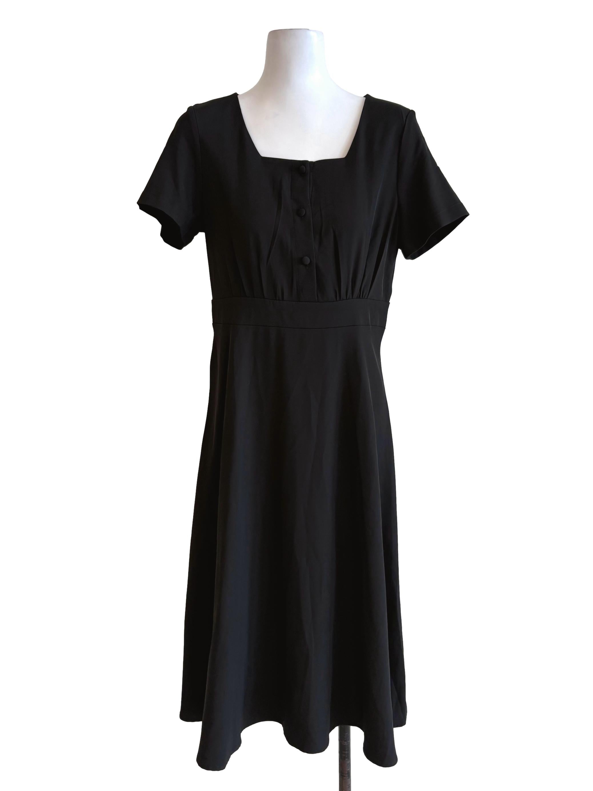 Black Buttoned Pleated A-Line Dress