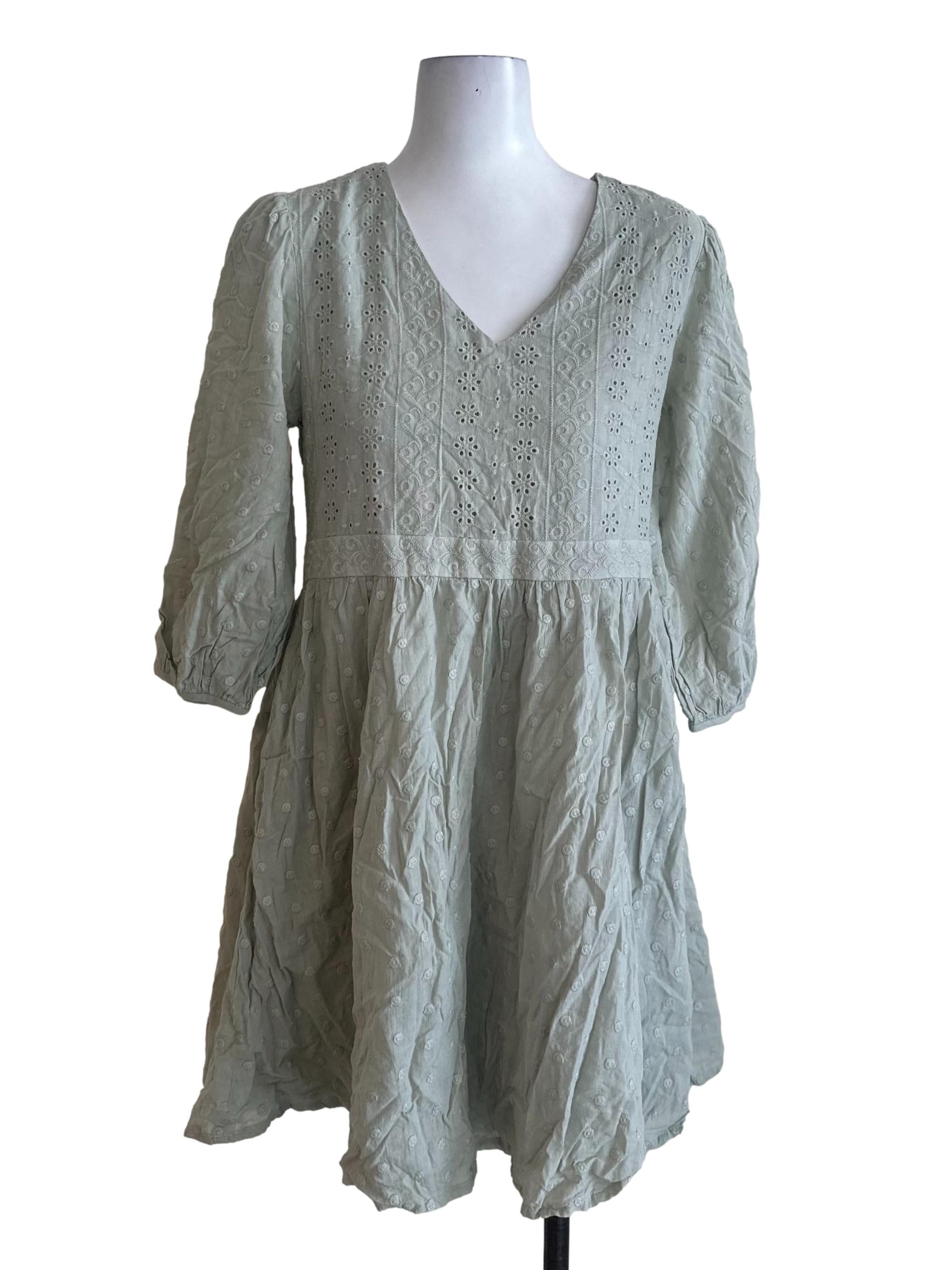 Sage Green Eyelet Embroidery V Neck Dress
