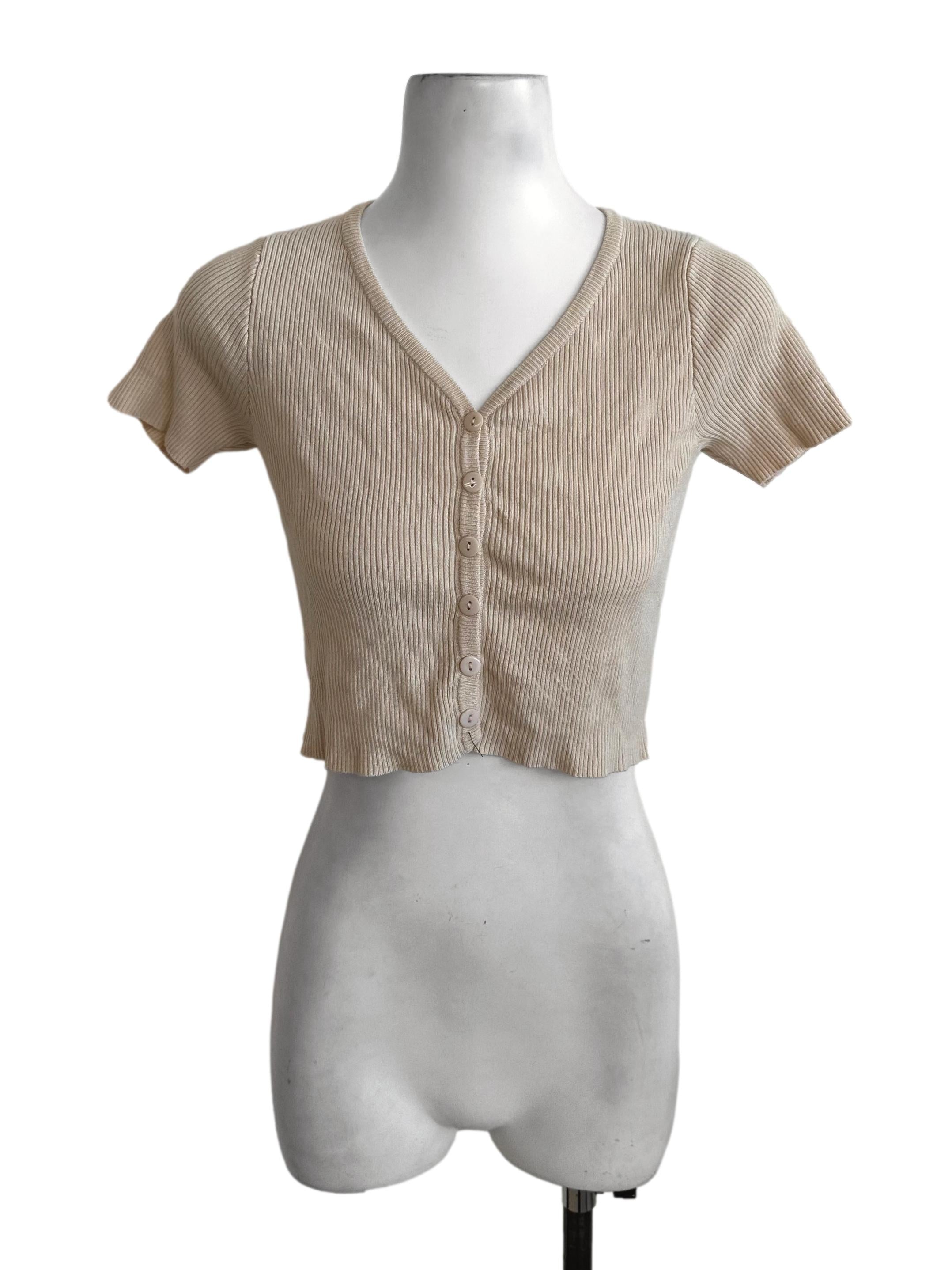 Khaki Beige V Neck Knit Button Top