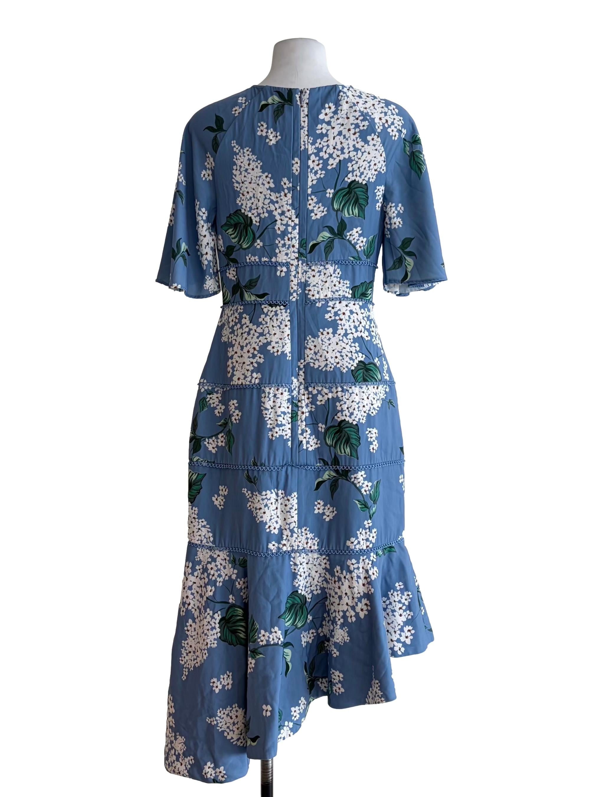 Cerulean Blue Floral Print Flutter Sleeve Dress