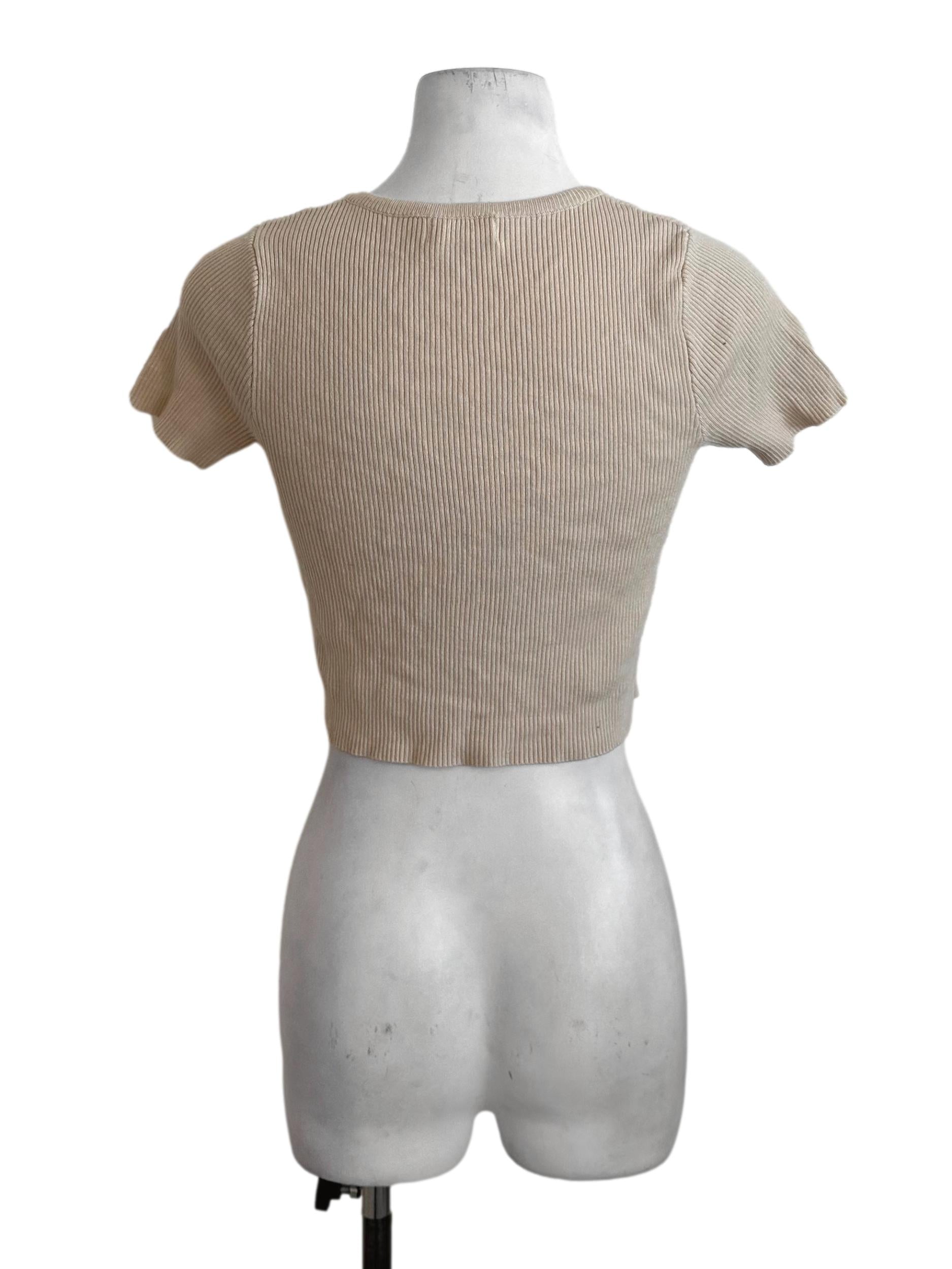 Khaki Beige V Neck Knit Button Top