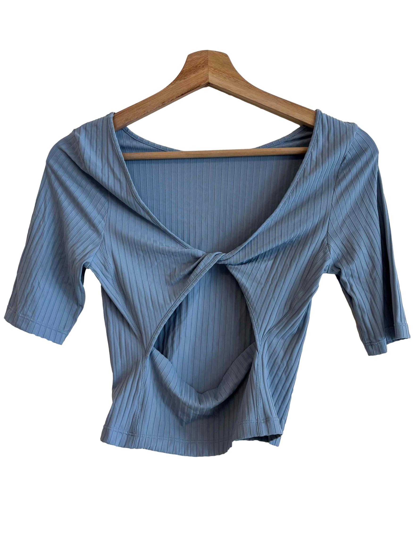 Stone Blue Ribbed Twisted Back Top