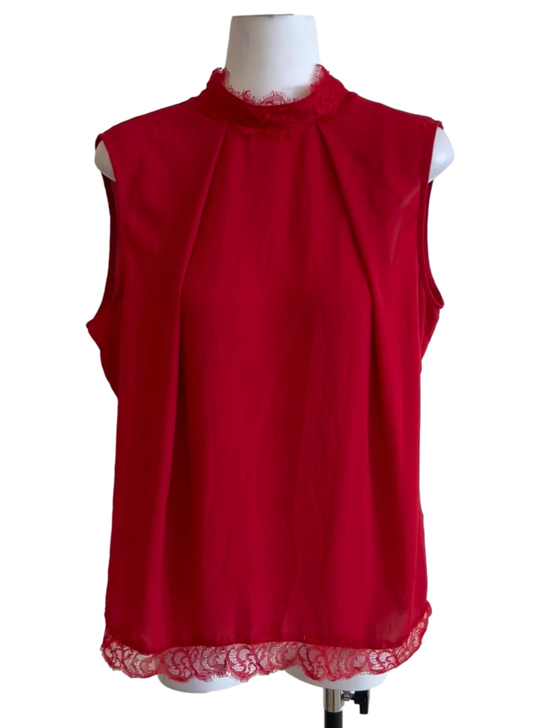 Chilli Red Lace Trim High Neck