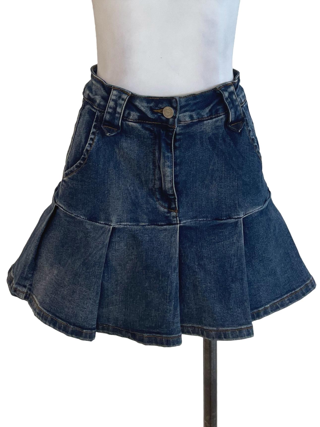 Blue Denim Pleated Hem Skorts