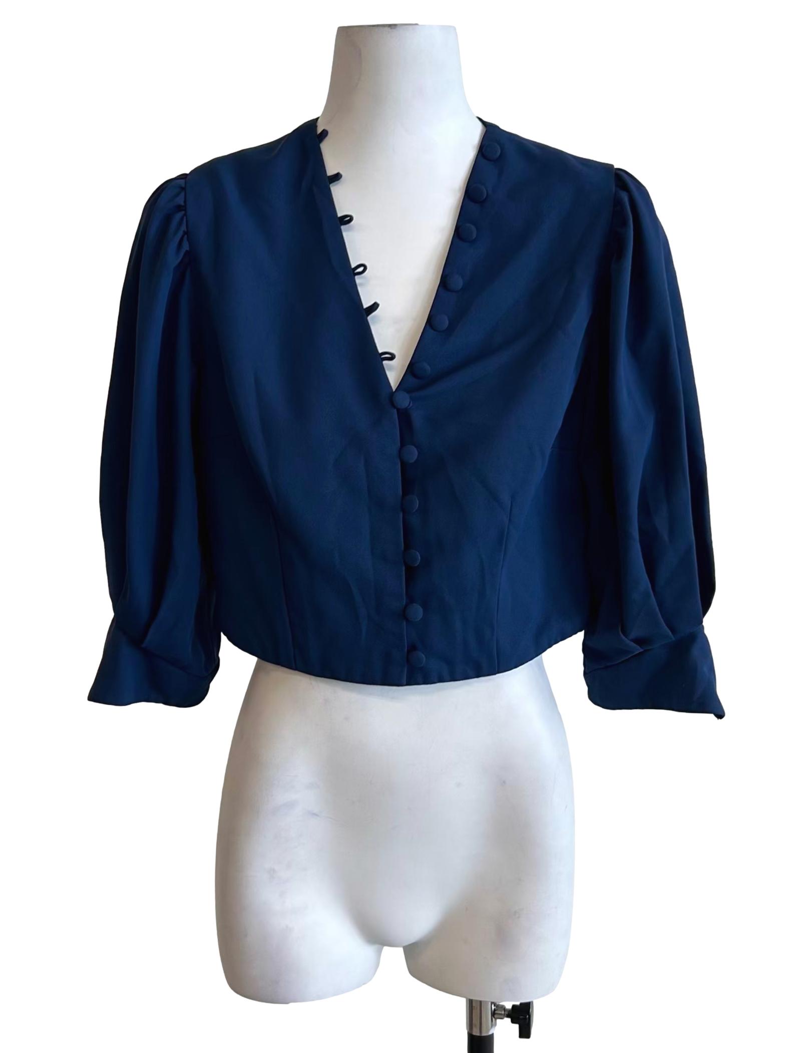 Navy V Neck Puff Sleeve Top